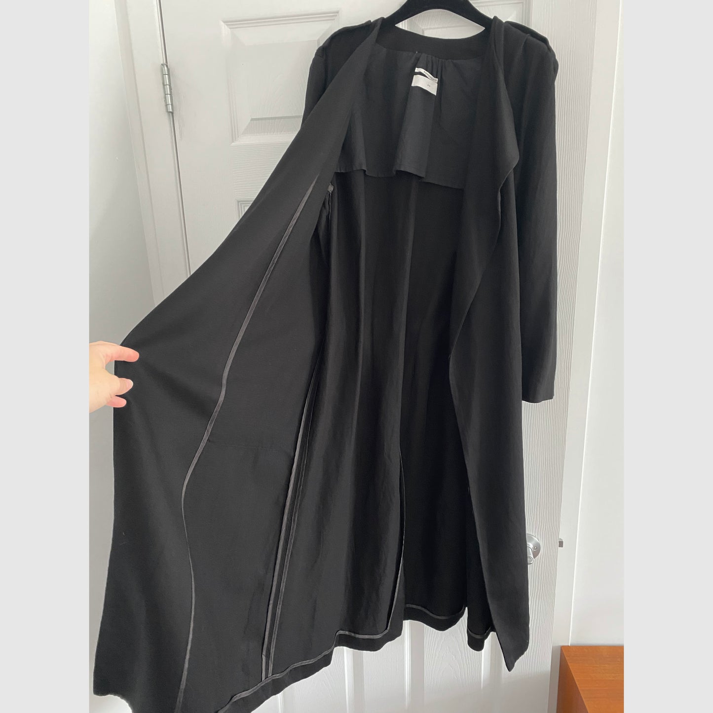 Pomandere Black Crepe Trench Coat, size 44