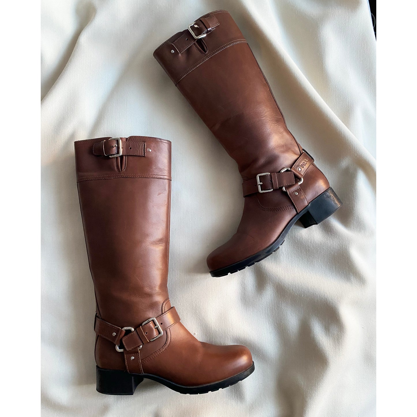 Prada Linea Rossa Brown Leather Buckle Boots, size 38.5