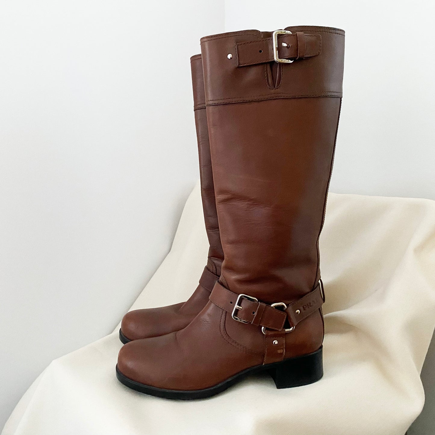 Prada Linea Rossa Brown Leather Buckle Boots, size 38.5