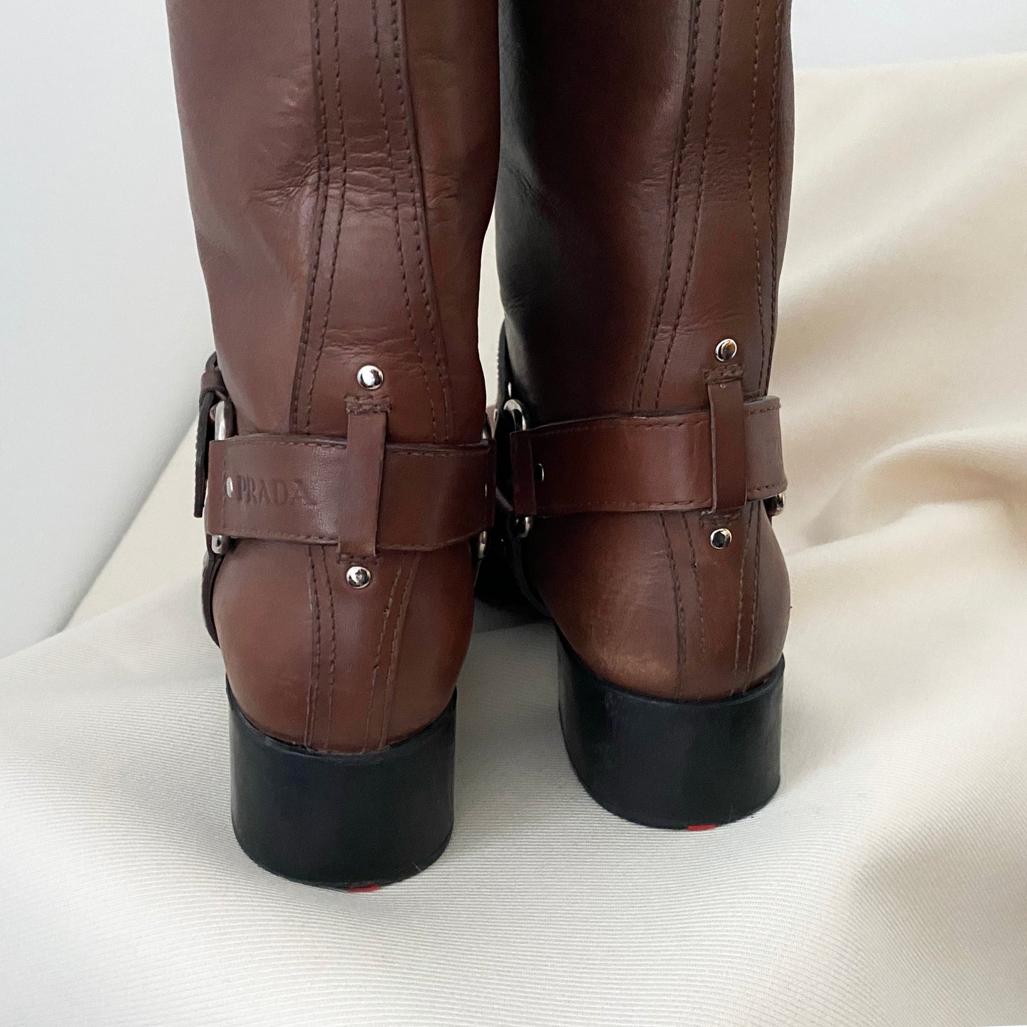 Prada Linea Rossa Brown Leather Buckle Boots, size 38.5