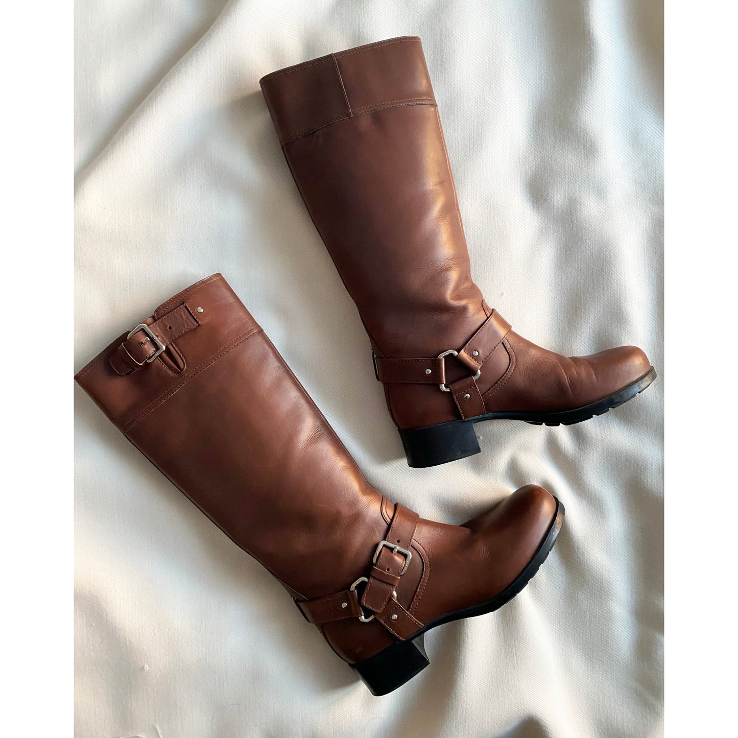 Prada Linea Rossa Brown Leather Buckle Boots, size 38.5