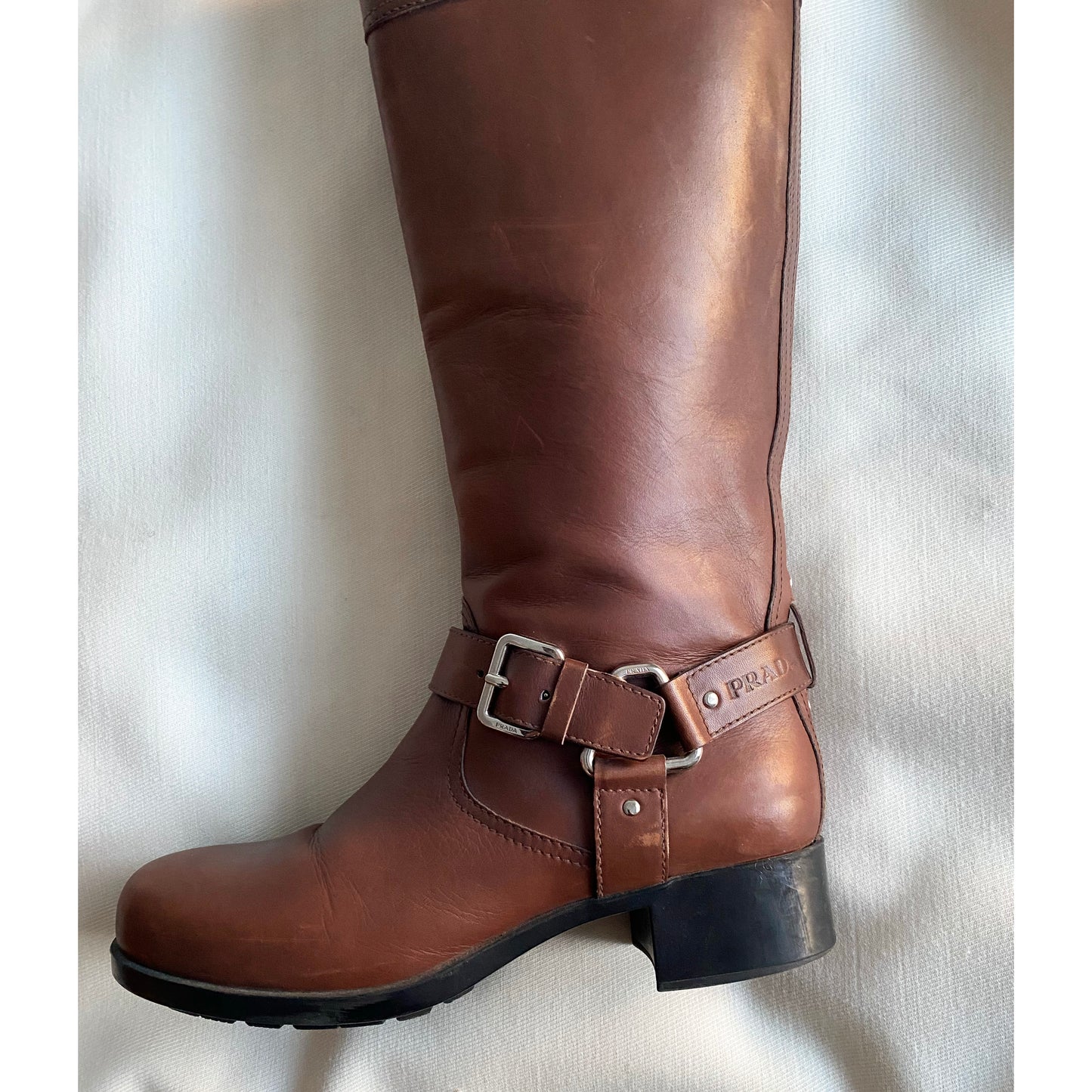 Prada Linea Rossa Brown Leather Buckle Boots, size 38.5