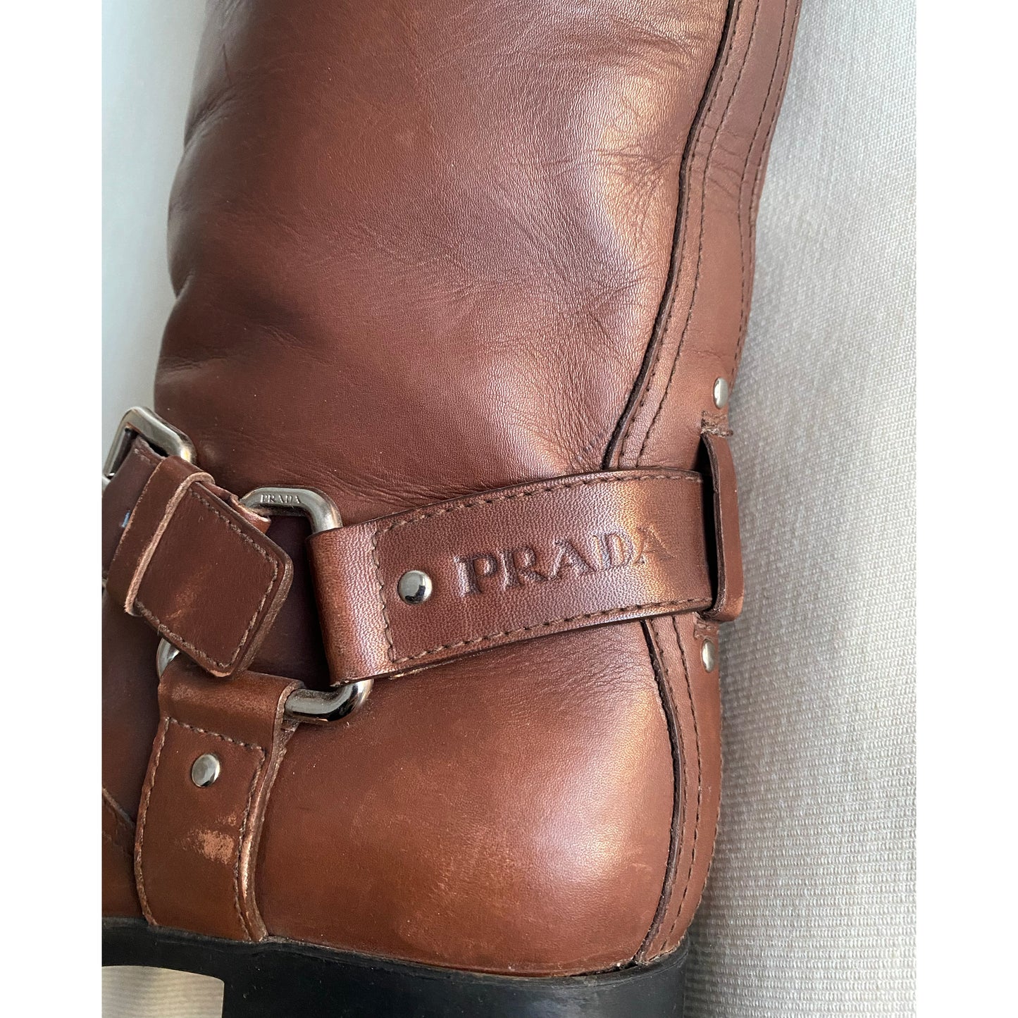 Prada Linea Rossa Brown Leather Buckle Boots, size 38.5