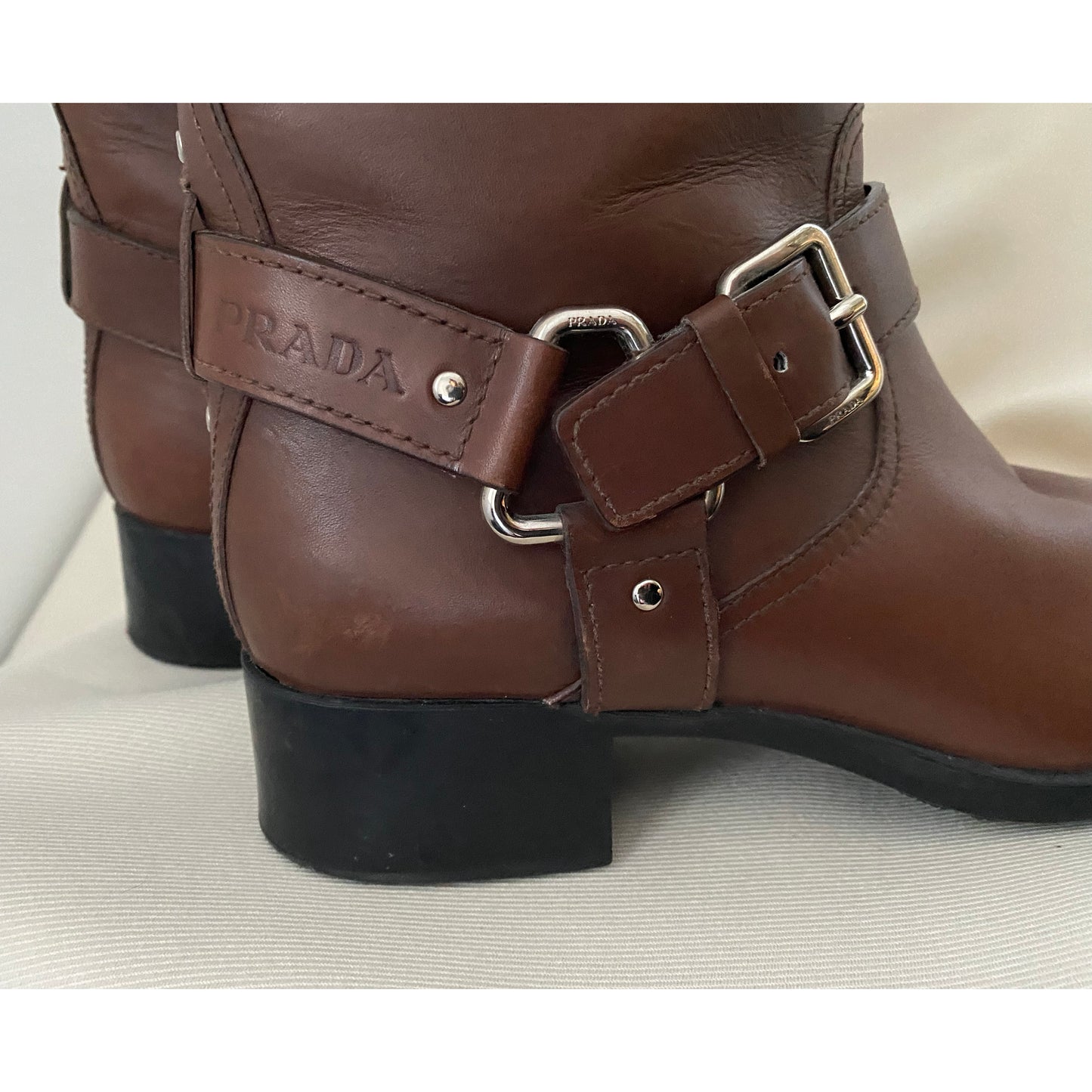 Prada Linea Rossa Brown Leather Buckle Boots, size 38.5