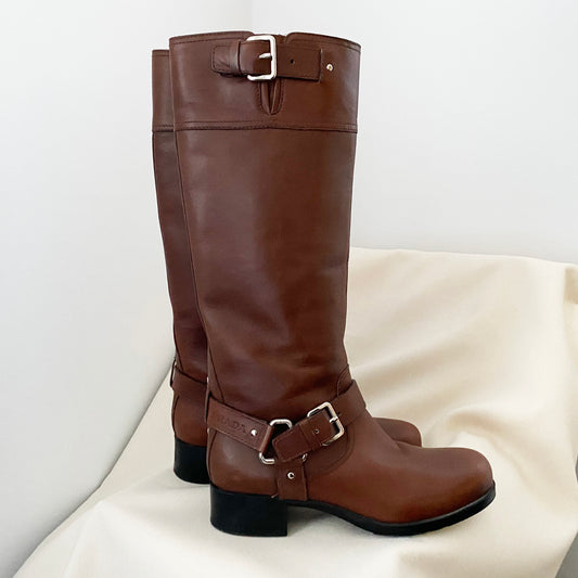 Prada Linea Rossa Brown Leather Buckle Boots, size 38.5