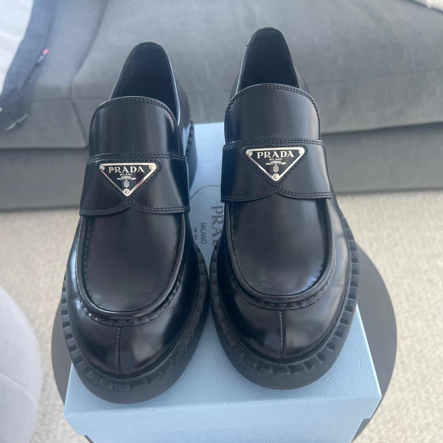 Prada Triangle Logo Loafers in Black, size 41