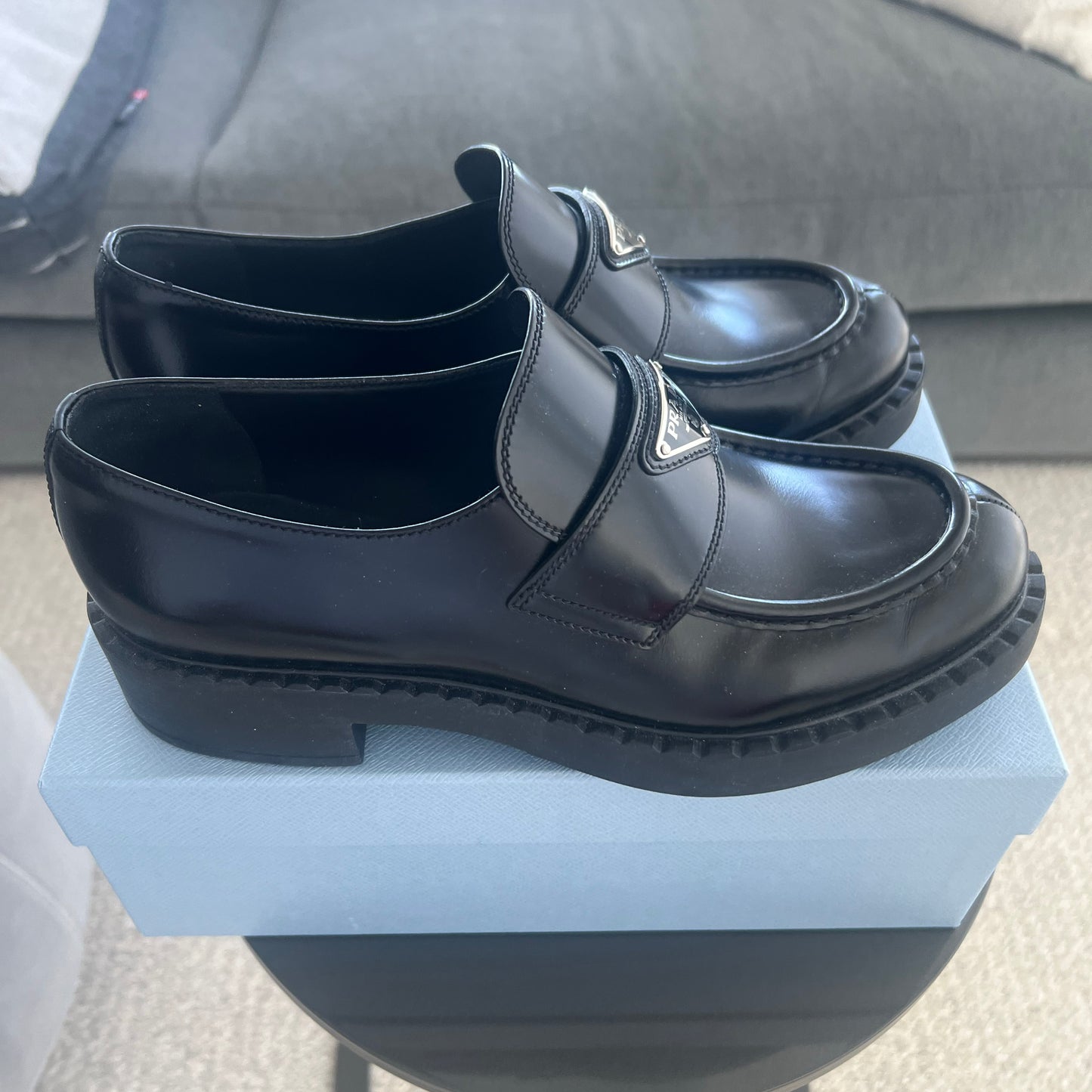 Prada Triangle Logo Loafers in Black, size 41