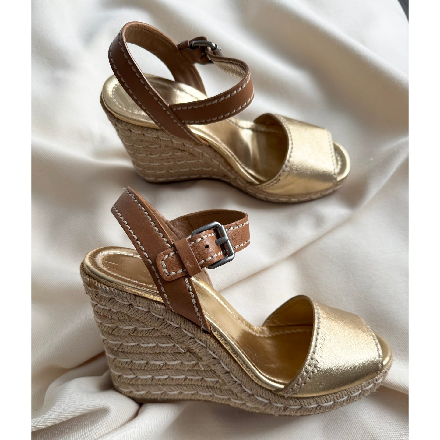 Prada Wedge Espadrilles in Gold, size 40