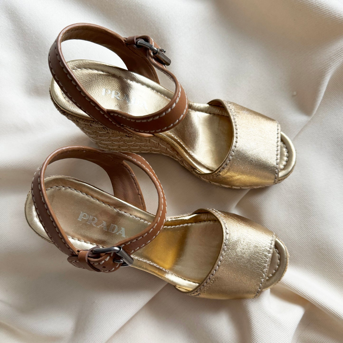 Prada Wedge Espadrilles in Gold, size 40