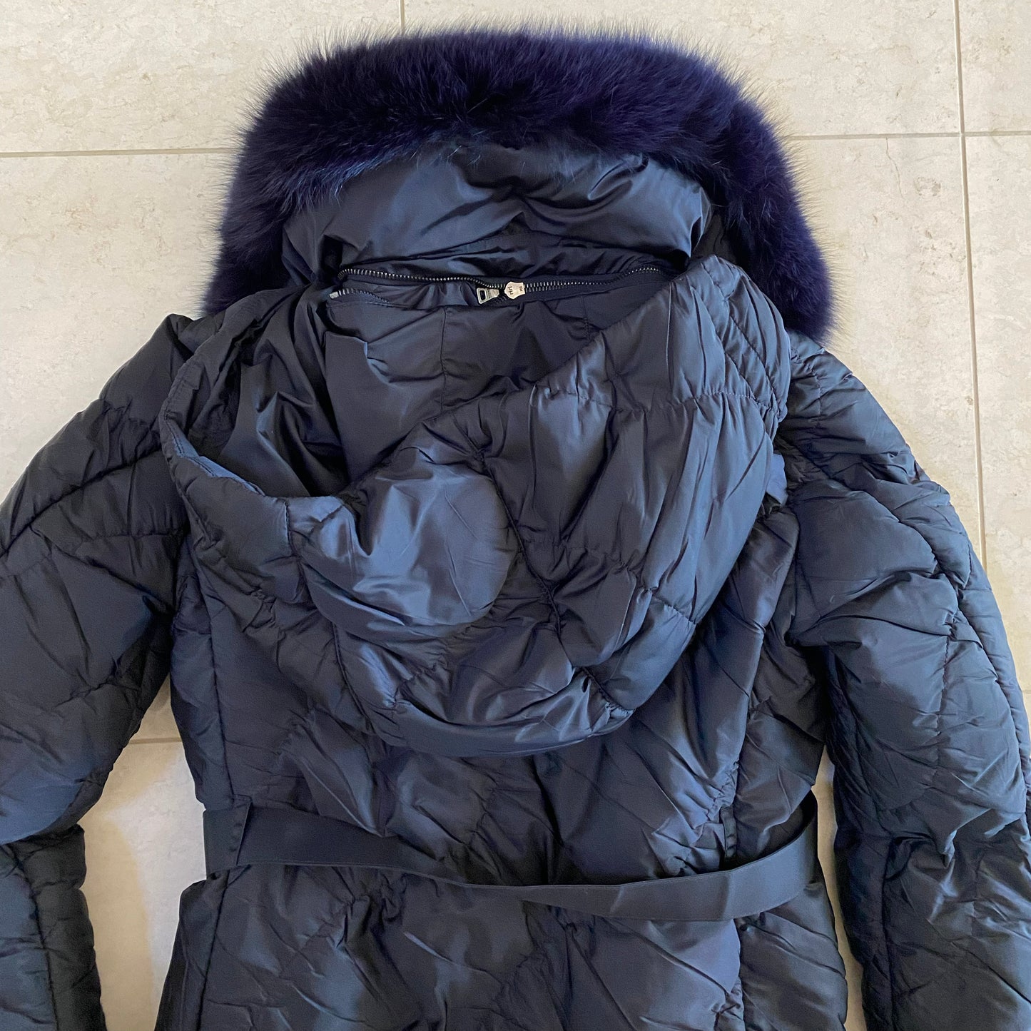 Prada Linea Rossa Navy Down Jacket with FOx Fur Collar, size 40IT(fits like US size 0/2)