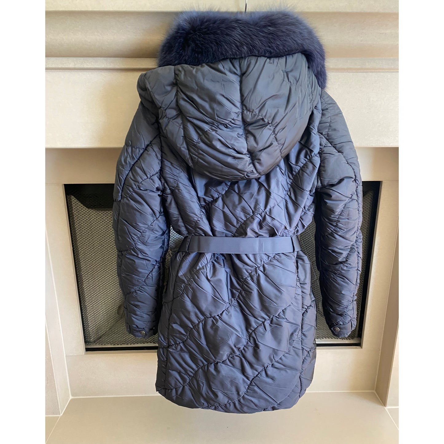 Prada Linea Rossa Navy Down Jacket with FOx Fur Collar, size 40IT(fits like US size 0/2)