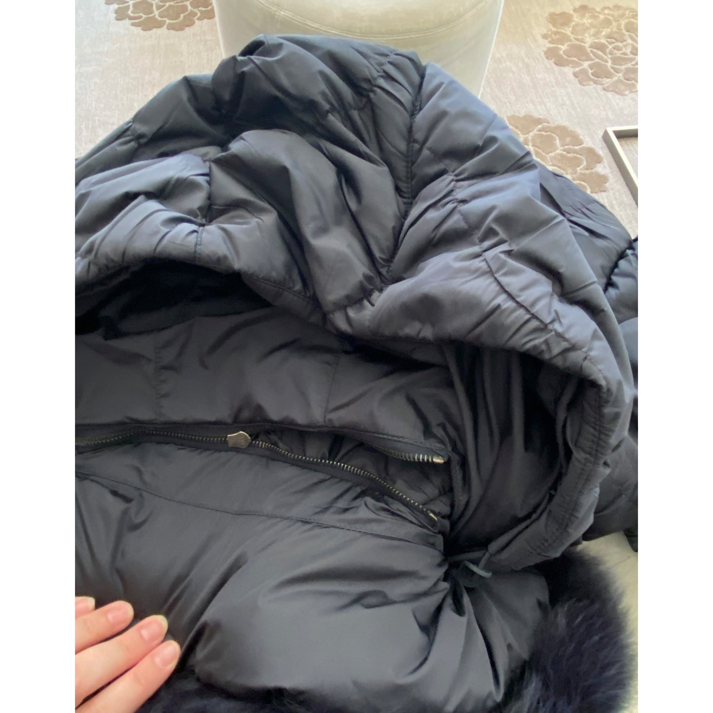 Prada Linea Rossa Navy Down Jacket with FOx Fur Collar, size 40IT(fits like US size 0/2)