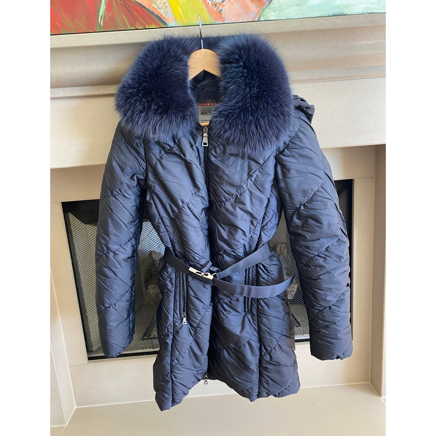 Prada Linea Rossa Navy Down Jacket with FOx Fur Collar, size 40IT(fits like US size 0/2)