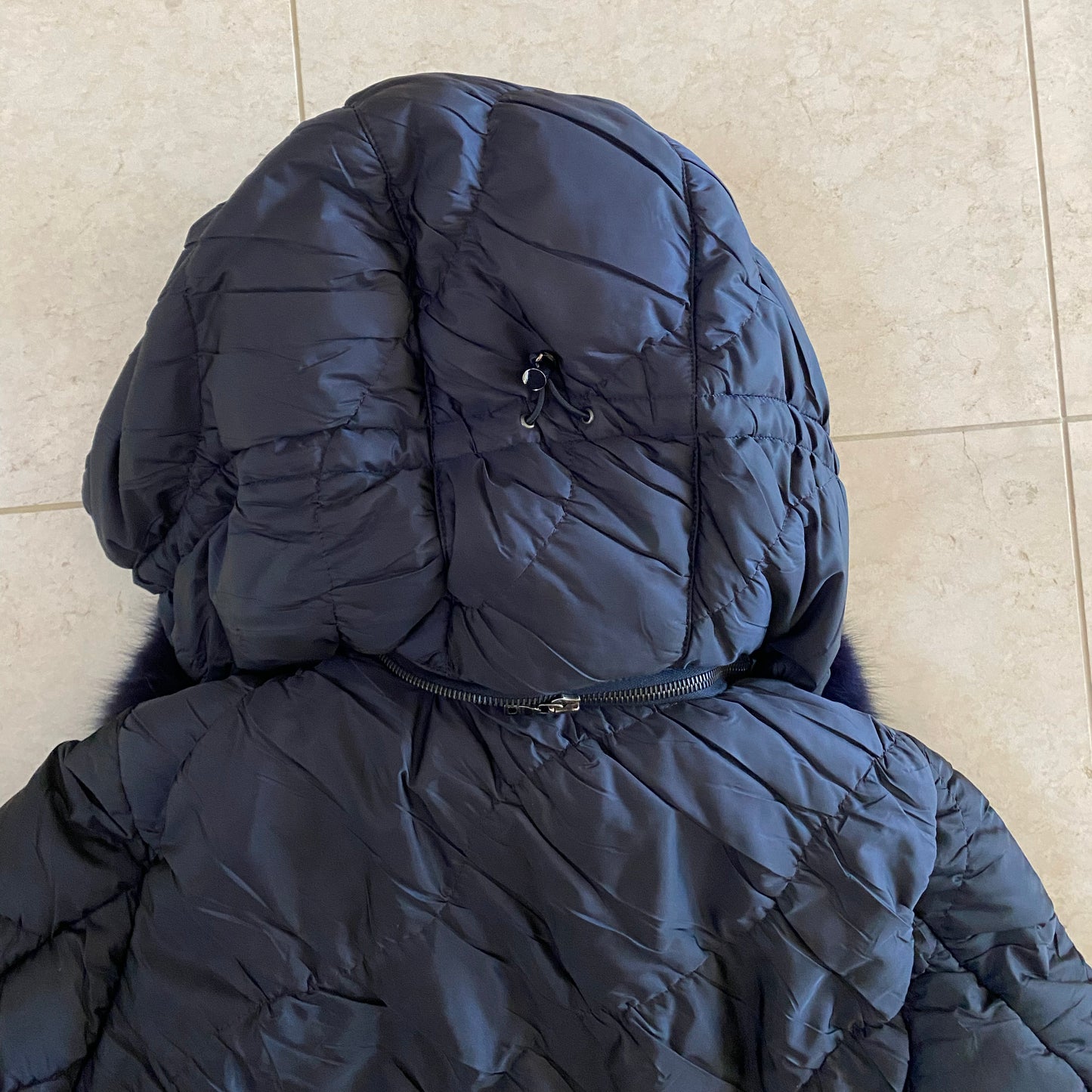 Prada Linea Rossa Navy Down Jacket with FOx Fur Collar, size 40IT(fits like US size 0/2)