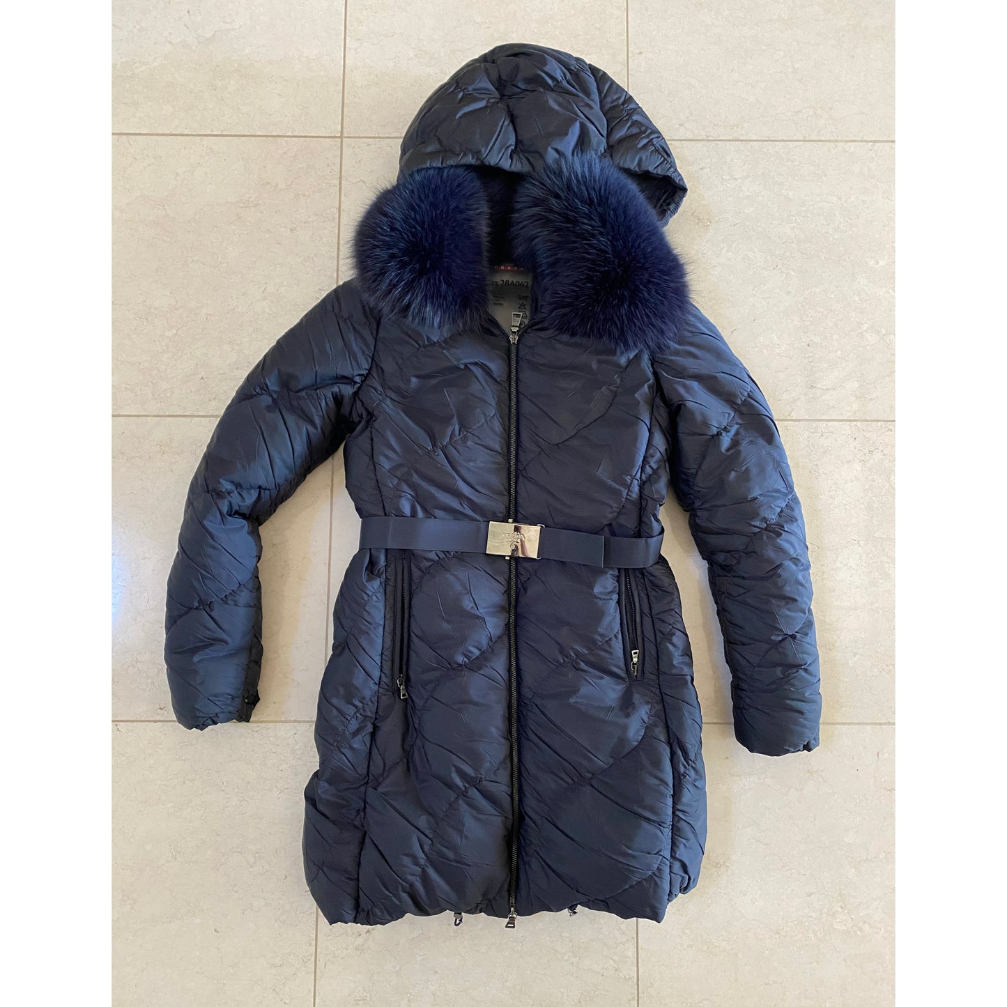 Prada Linea Rossa Navy Down Jacket with FOx Fur Collar, size 40IT(fits like US size 0/2)