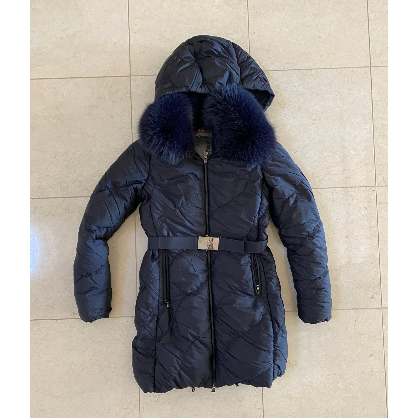 Prada Linea Rossa Navy Down Jacket with FOx Fur Collar, size 40IT(fits like US size 0/2)