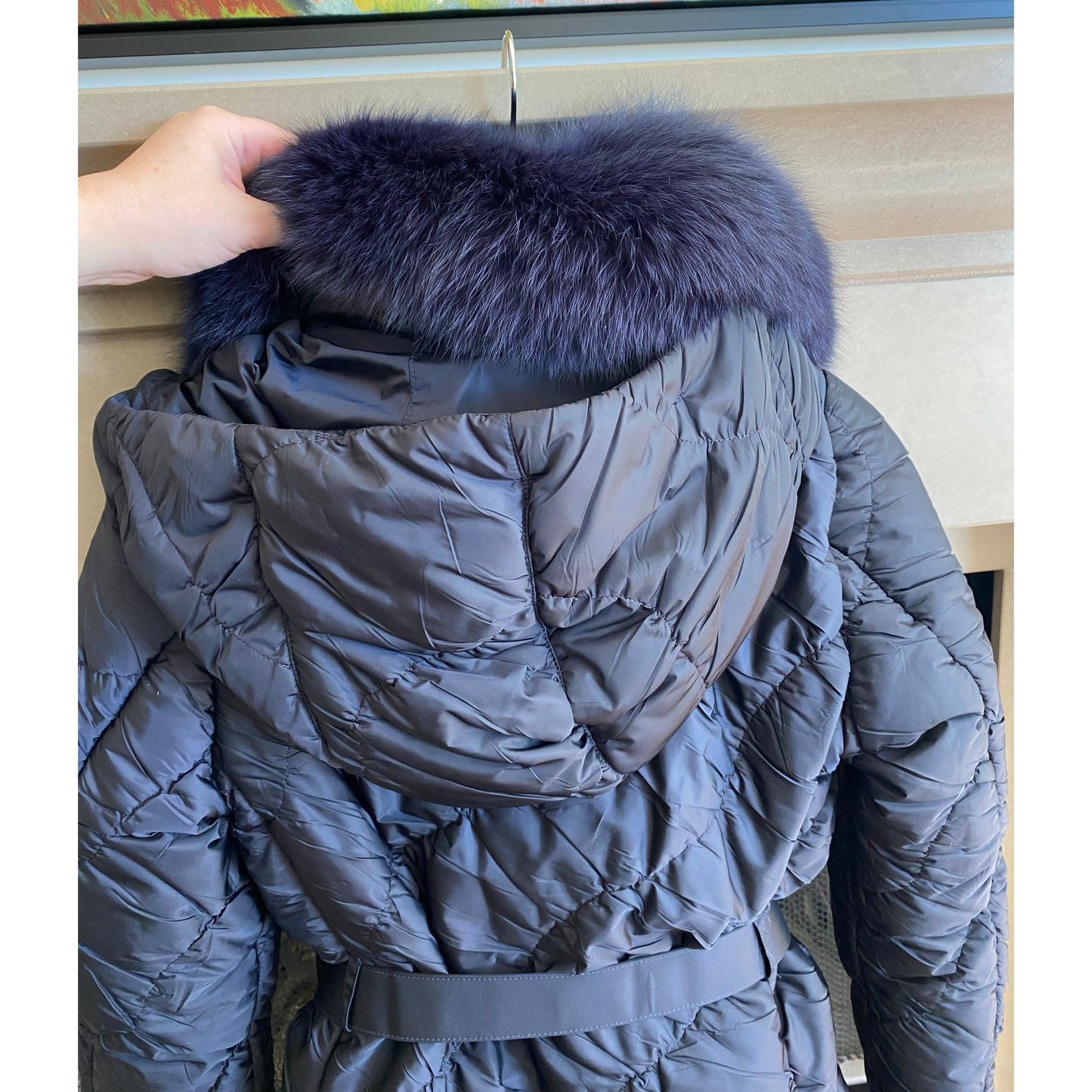 Prada Linea Rossa Navy Down Jacket with FOx Fur Collar, size 40IT(fits like US size 0/2)