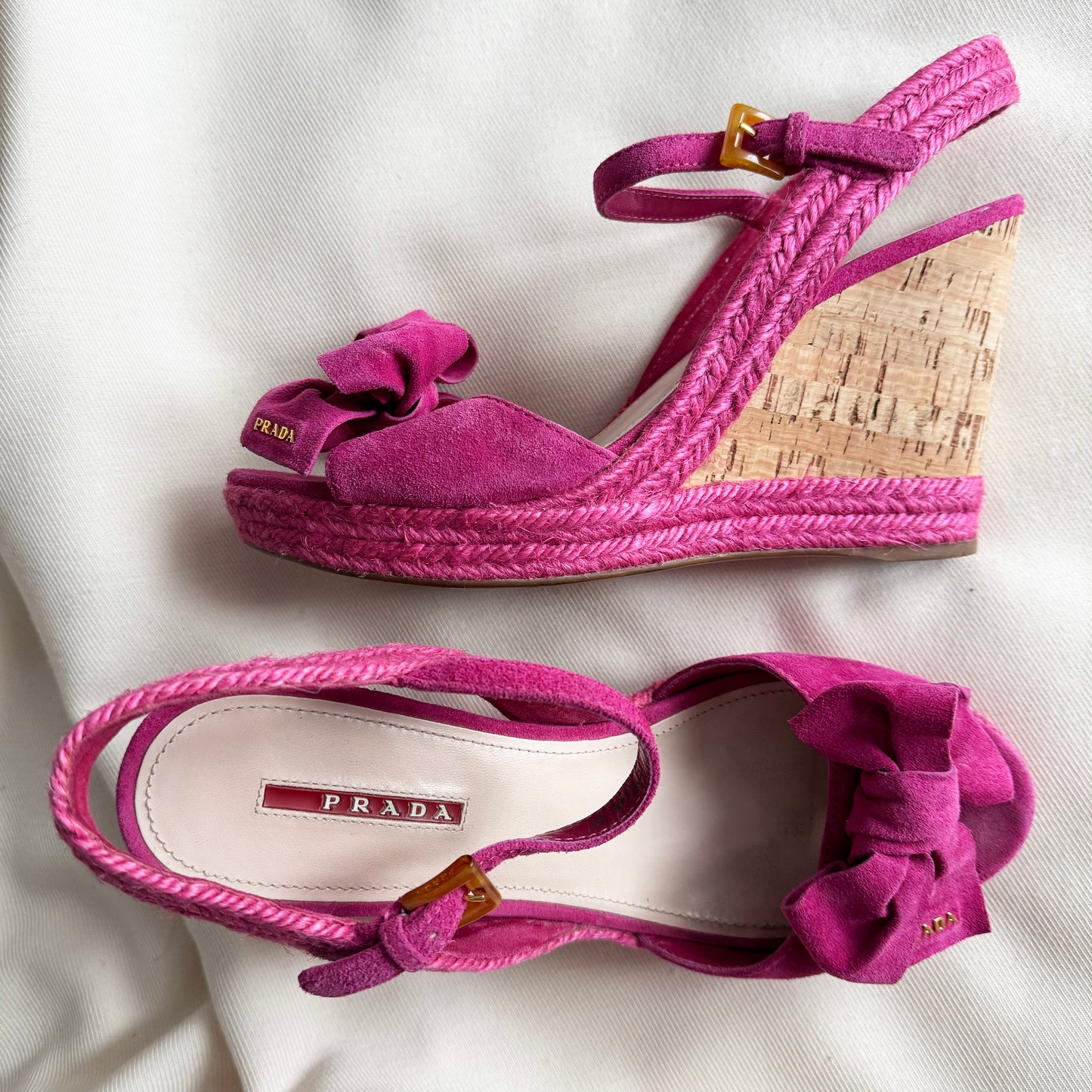 Prada Pink Suede Bow Wedge Sandals, size 40
