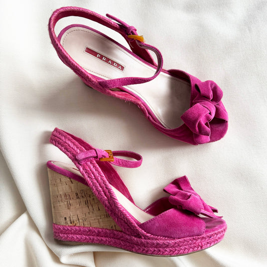 Prada Pink Suede Bow Wedge Sandals, size 40