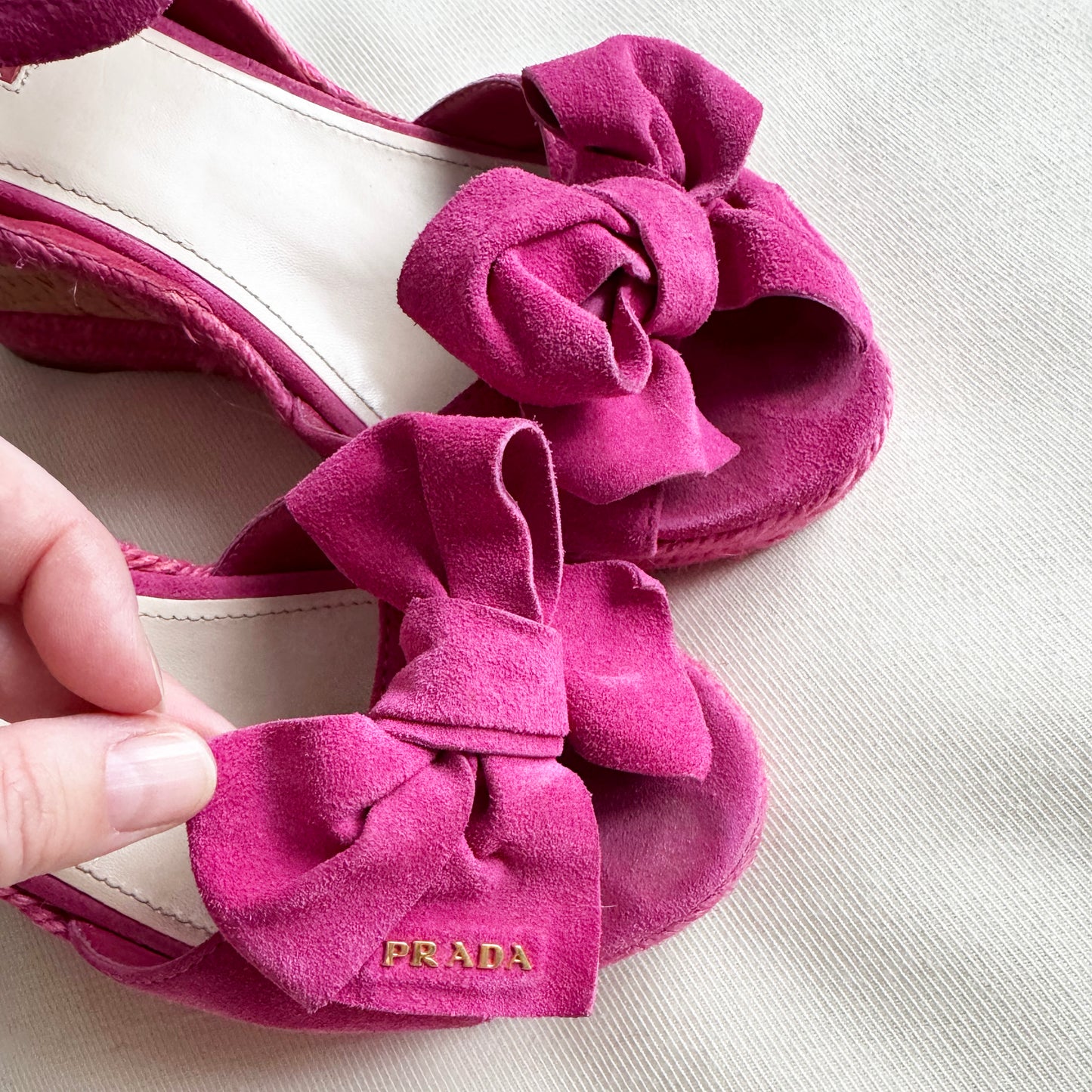Prada Pink Suede Bow Wedge Sandals, size 40