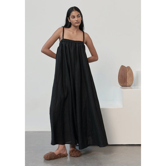 Deiji Studios Box Pleat Dress in Black Linen, size XL