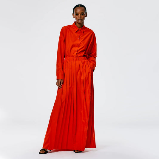 Tibi Italian Sporty Nylon Pleated Pull On Maxi Skirt in Red, size large