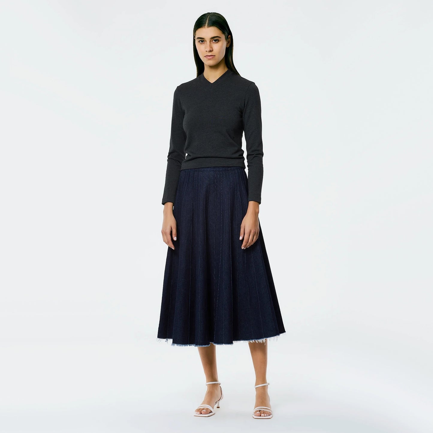 Tibi Brushed Denim Pintucked Skirt in Indigo, size 14