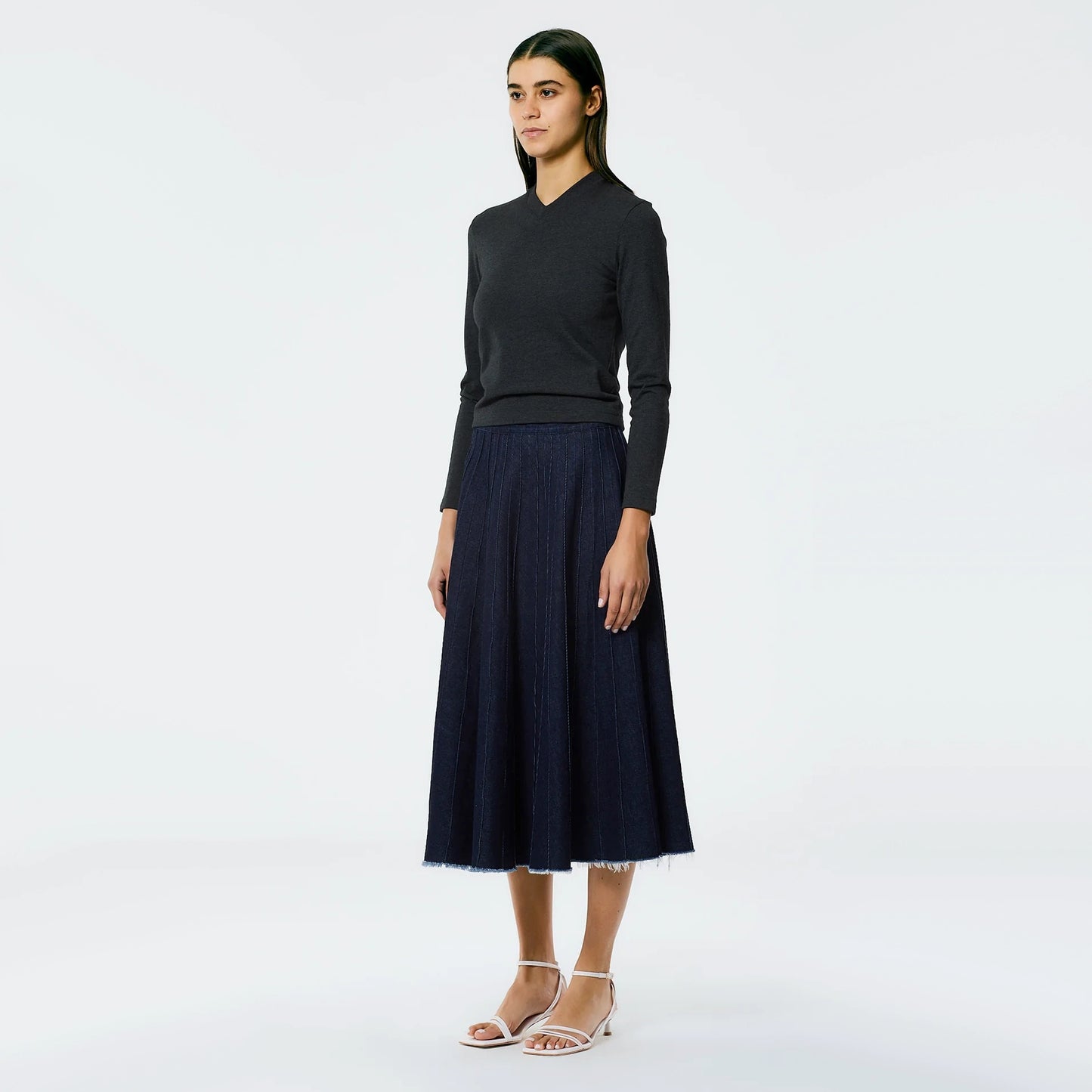 Tibi Brushed Denim Pintucked Skirt in Indigo, size 14
