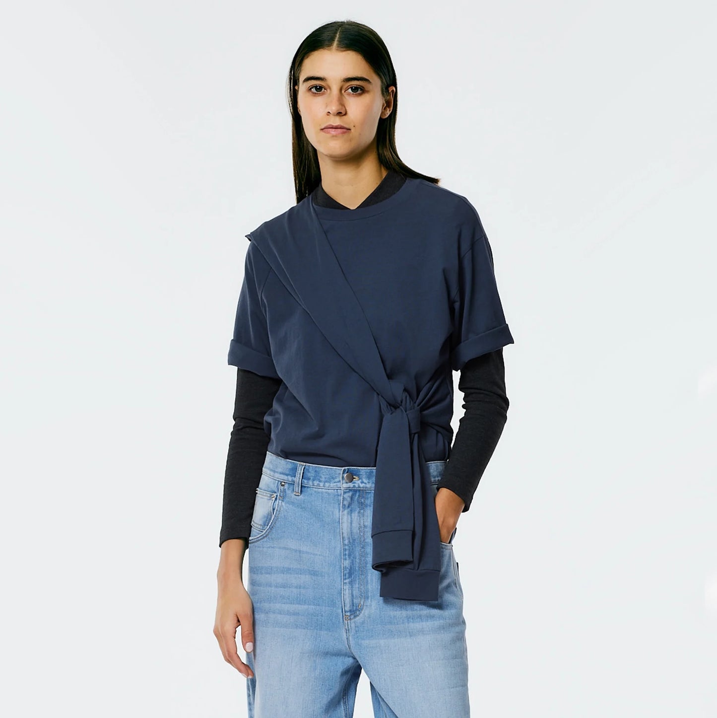 Tibi "Tie" T-Shirt in Navy Fog, size Large.