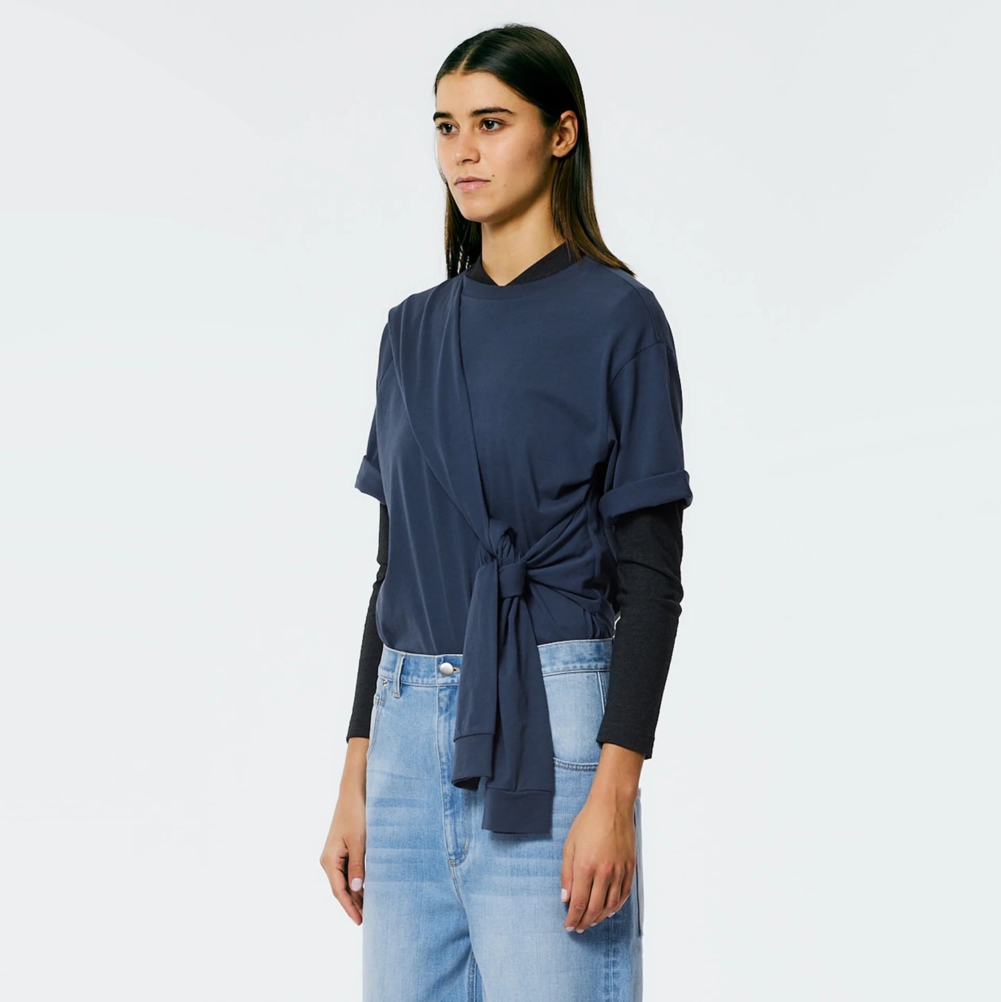 Tibi "Tie" T-Shirt in Navy Fog, size Large.