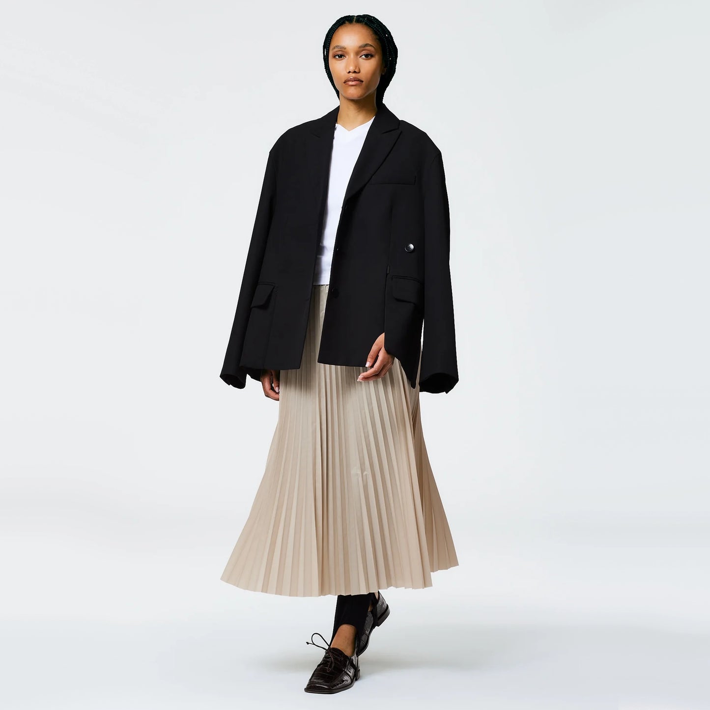 Tibi Italian Sporty Nylon Sunray Pleated Pull On Skirt in Beige, size Large