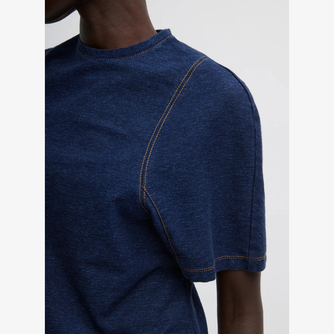 Tibi Indigo Barre Denim Knit Sculpted Shrunken T-Shirt, Size XL