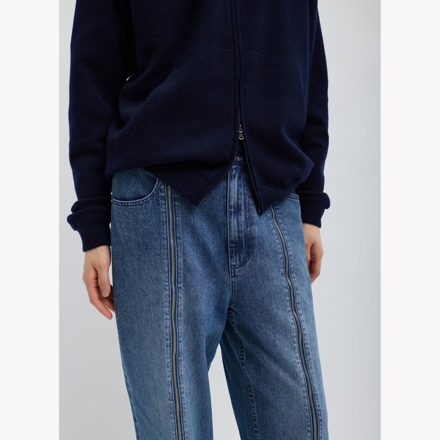 Tibi Zippered Denim Jogger in Classic Blue, size 28