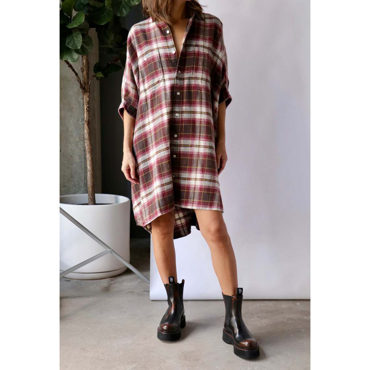 R13 Flannel Oversize Boxy Shirtdress in Red/Brown Plaid, size Small (fits S-L)