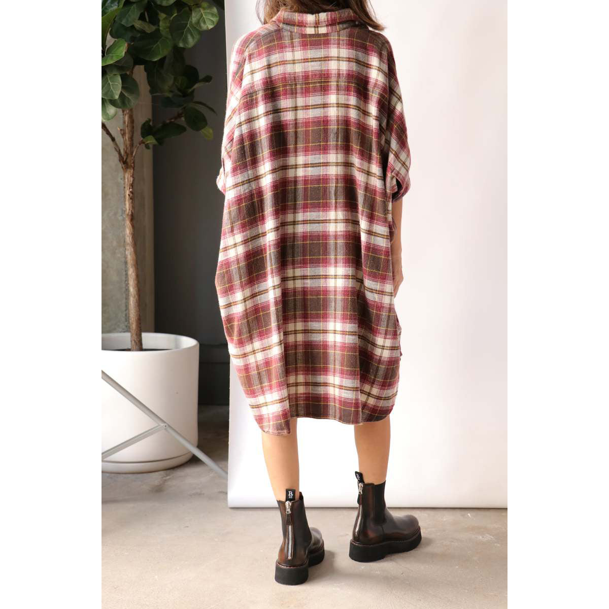 R13 Flannel Oversize Boxy Shirtdress in Red/Brown Plaid, size Small (fits S-L)