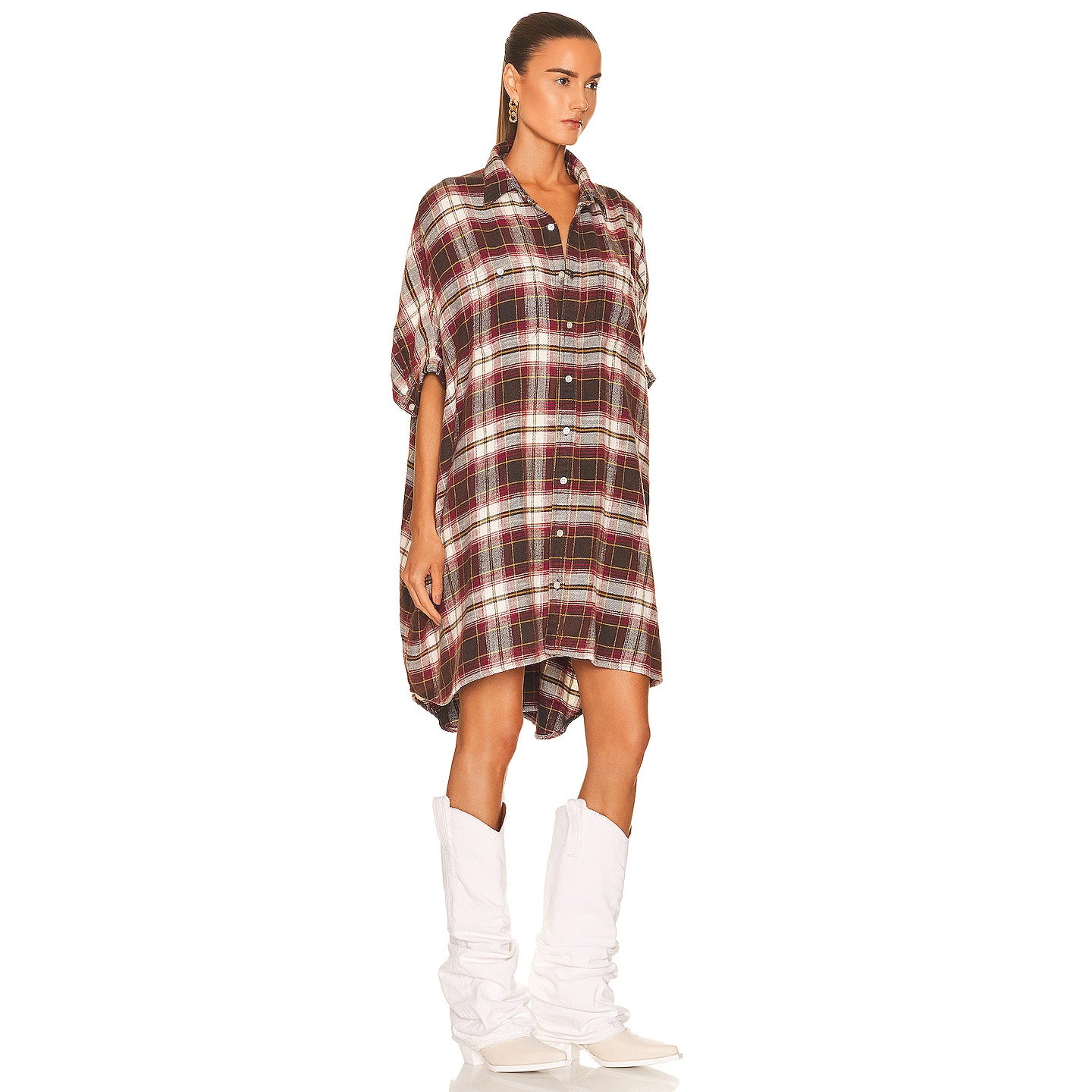 R13 Flannel Oversize Boxy Shirtdress in Red/Brown Plaid, size Small (fits S-L)