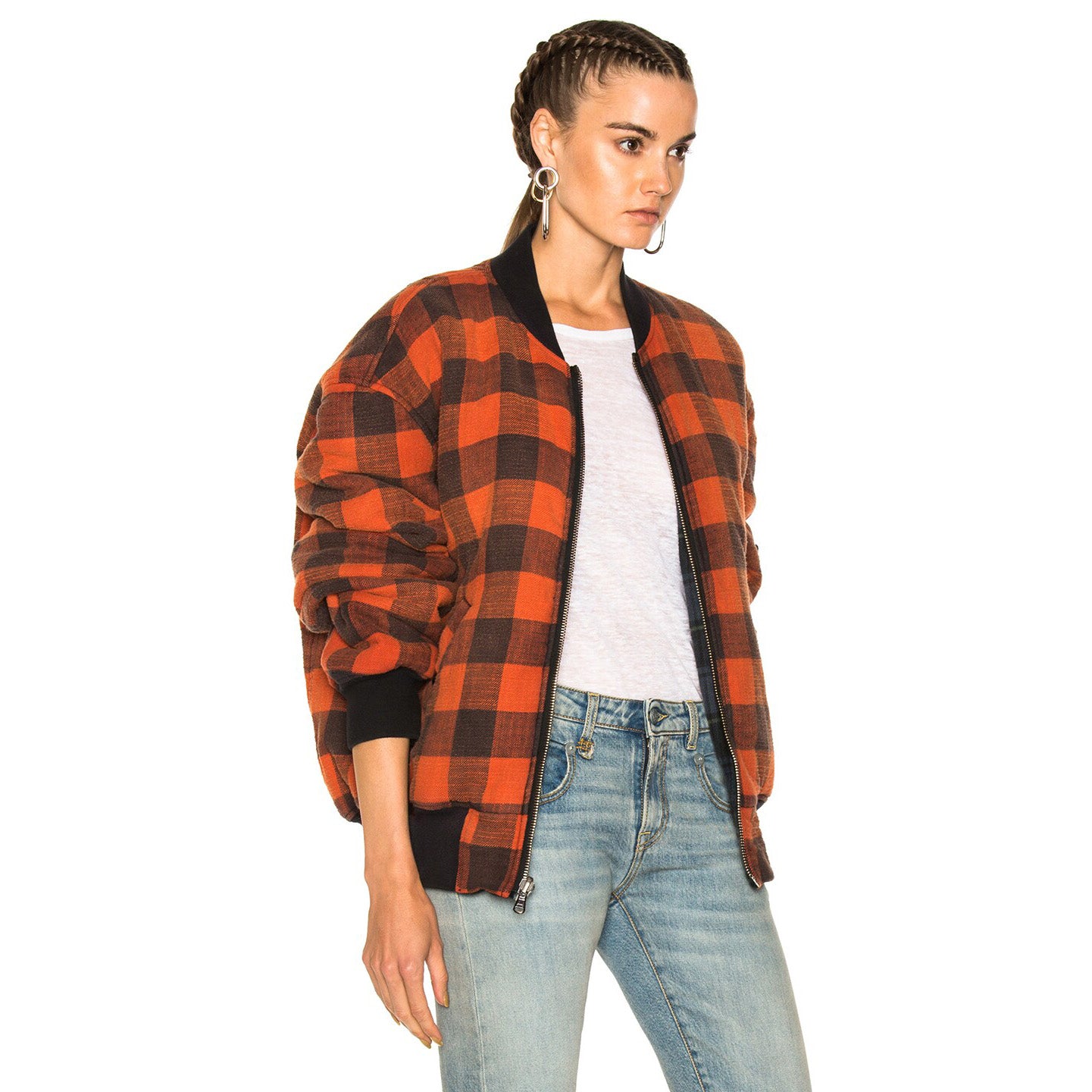 R13 Reversible Plaid Bomber Jacket, size Large