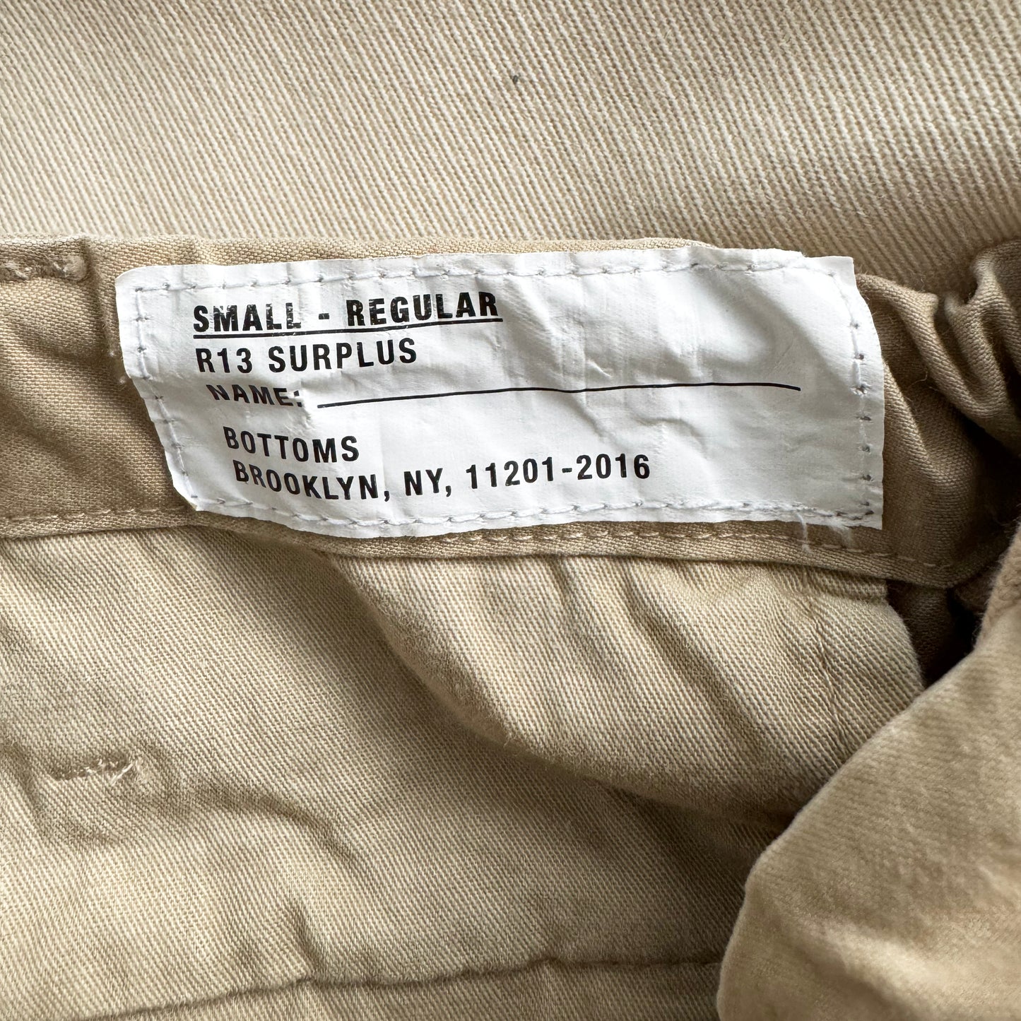 R13 Balloon Army cargo trousers in Khaki, size Small