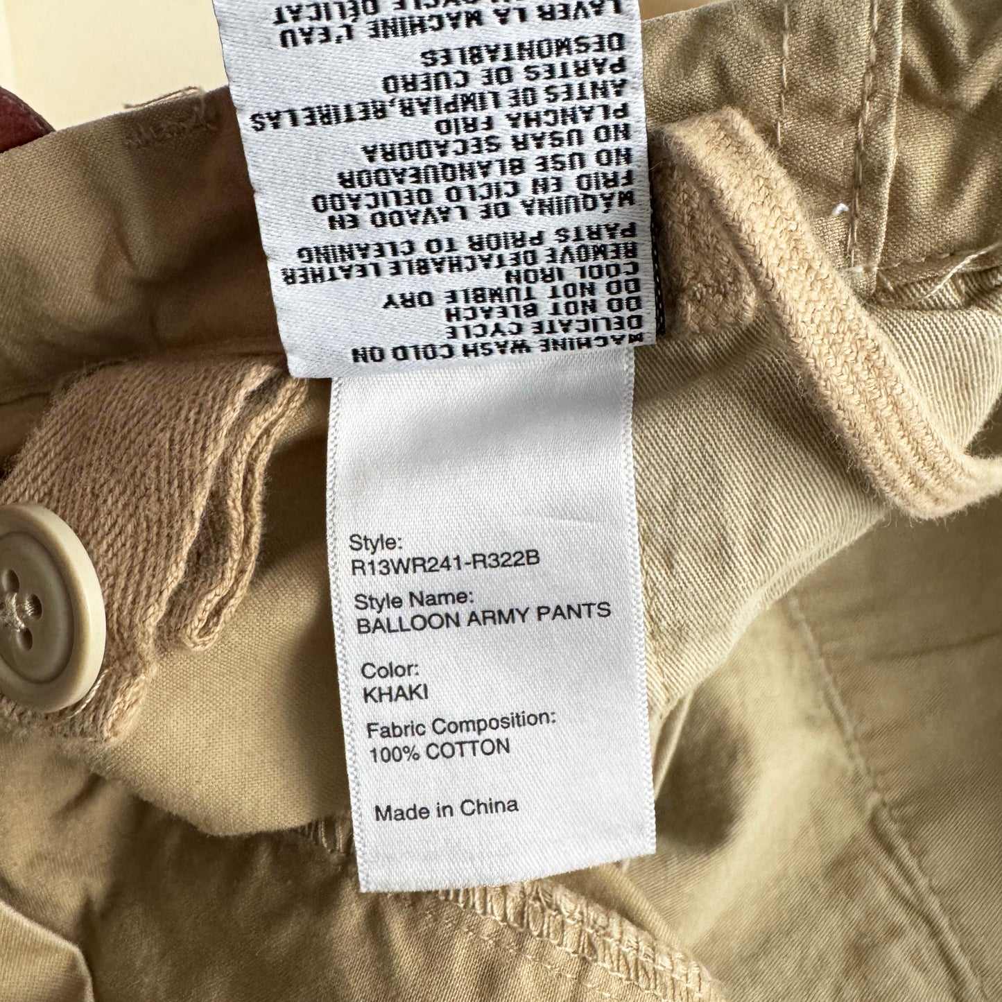 R13 Balloon Army cargo trousers in Khaki, size Small