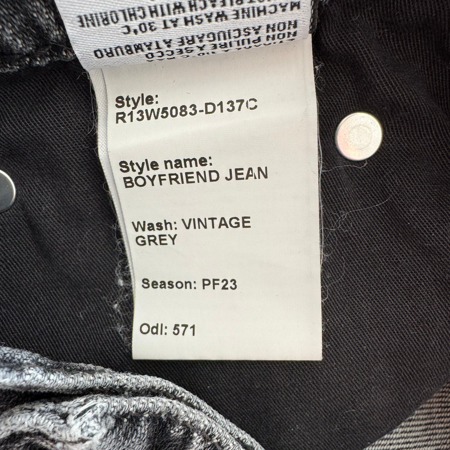 R13 Boyfriend Jean in "Vintage Grey", size 26 (fits a comfy 27)