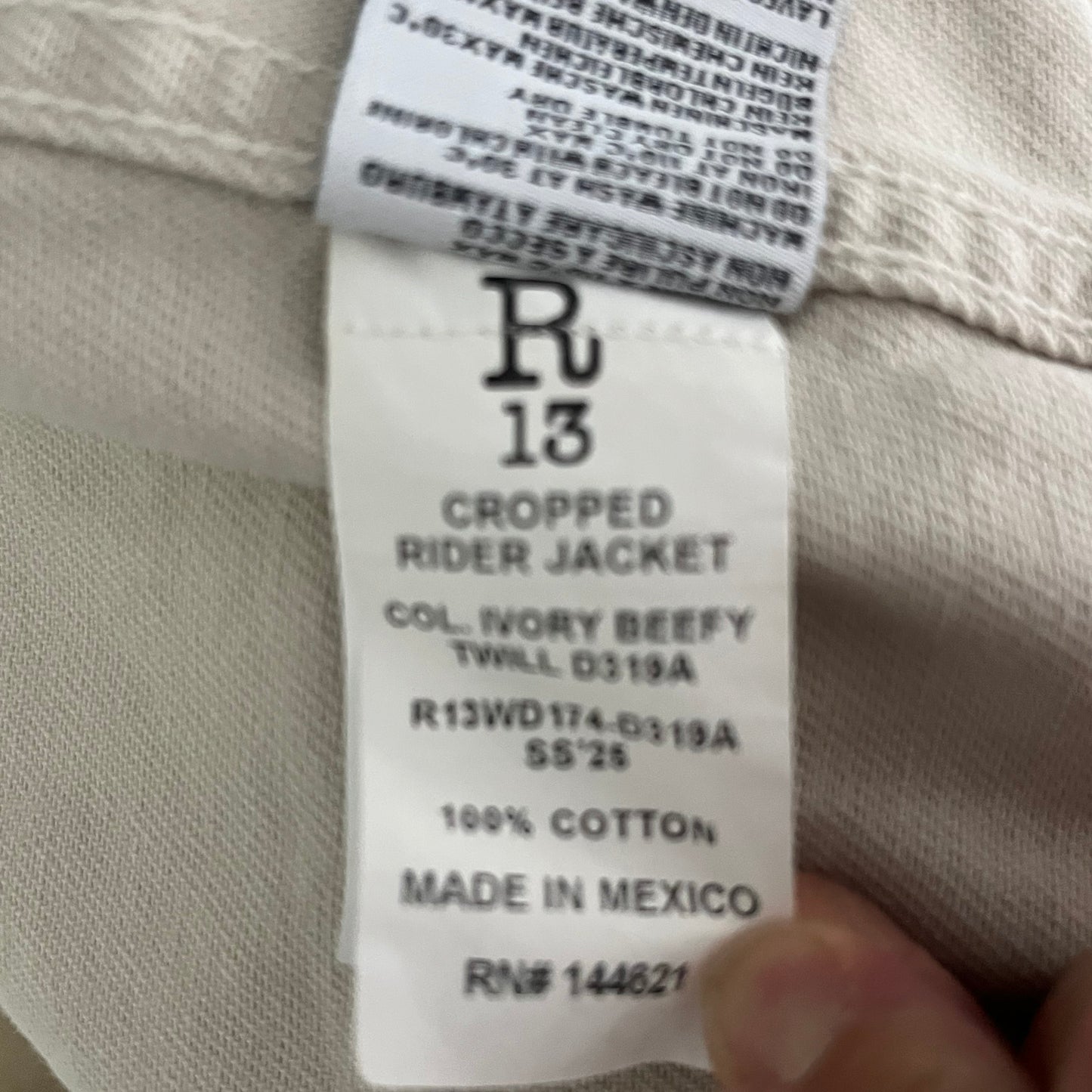 R13 Cropped Rider Jacket in Ivory Beefy Twill, size Medium (fits like a Small)