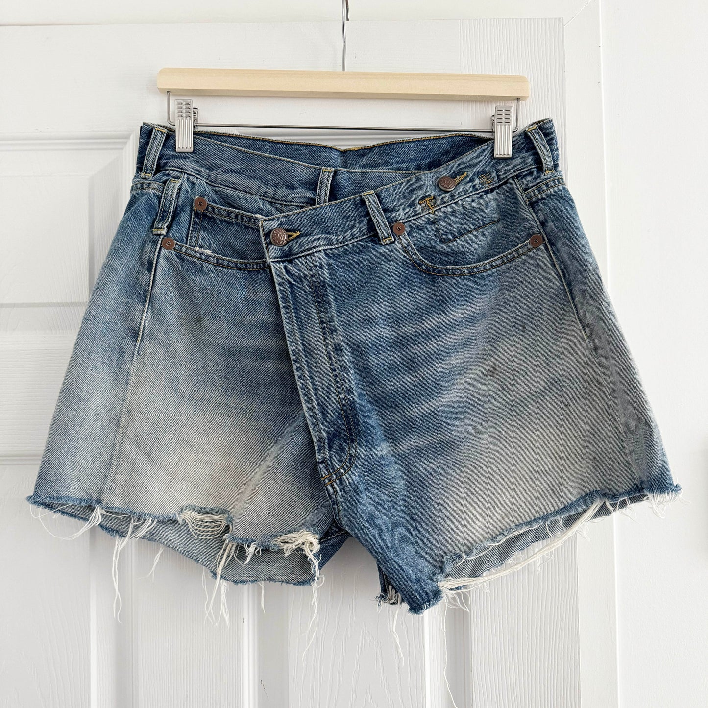 R13 Crossover Asymmetric Distressed Jean Shorts in "Turner Blue", size 29