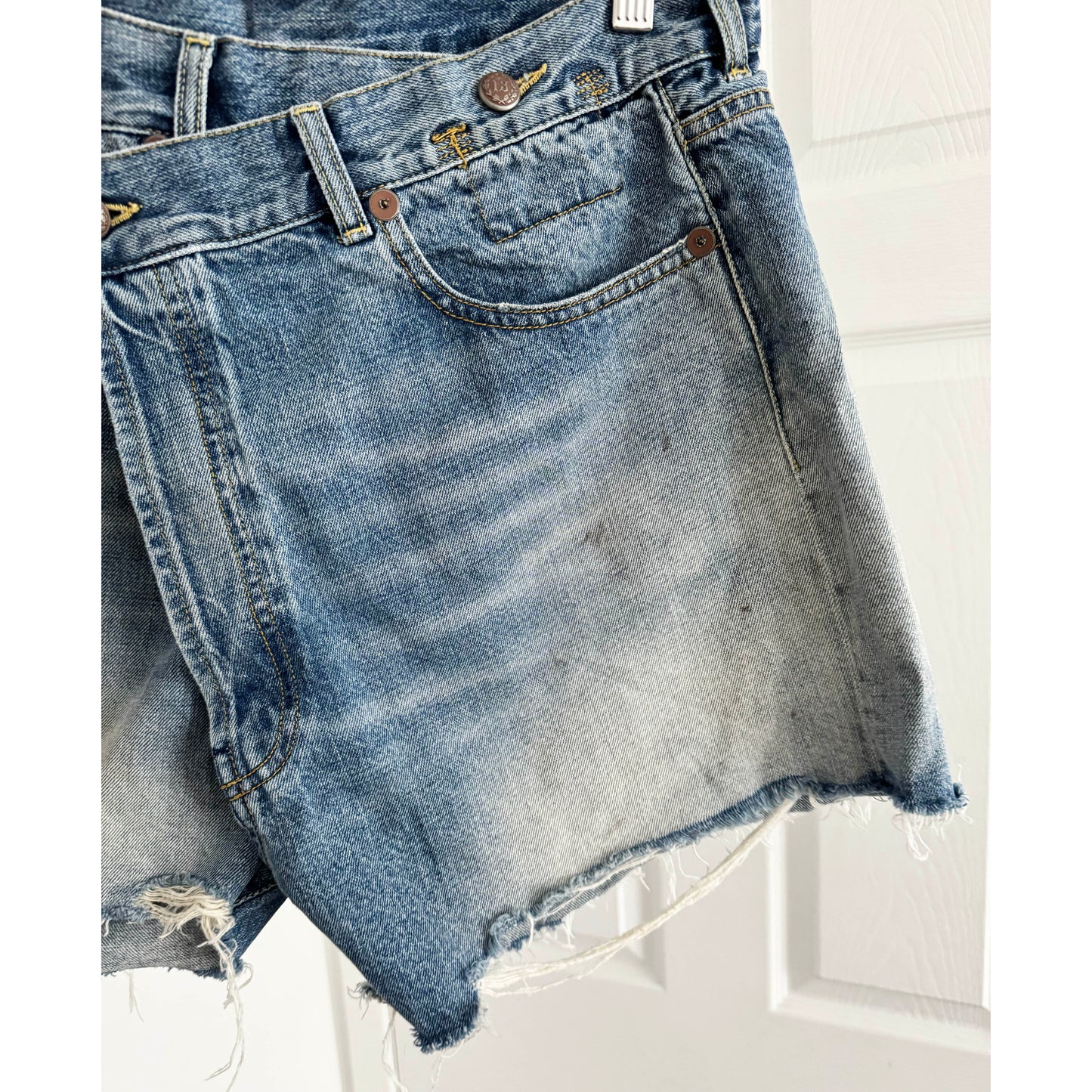 R13 Crossover Asymmetric Distressed Jean Shorts in "Turner Blue", size 29