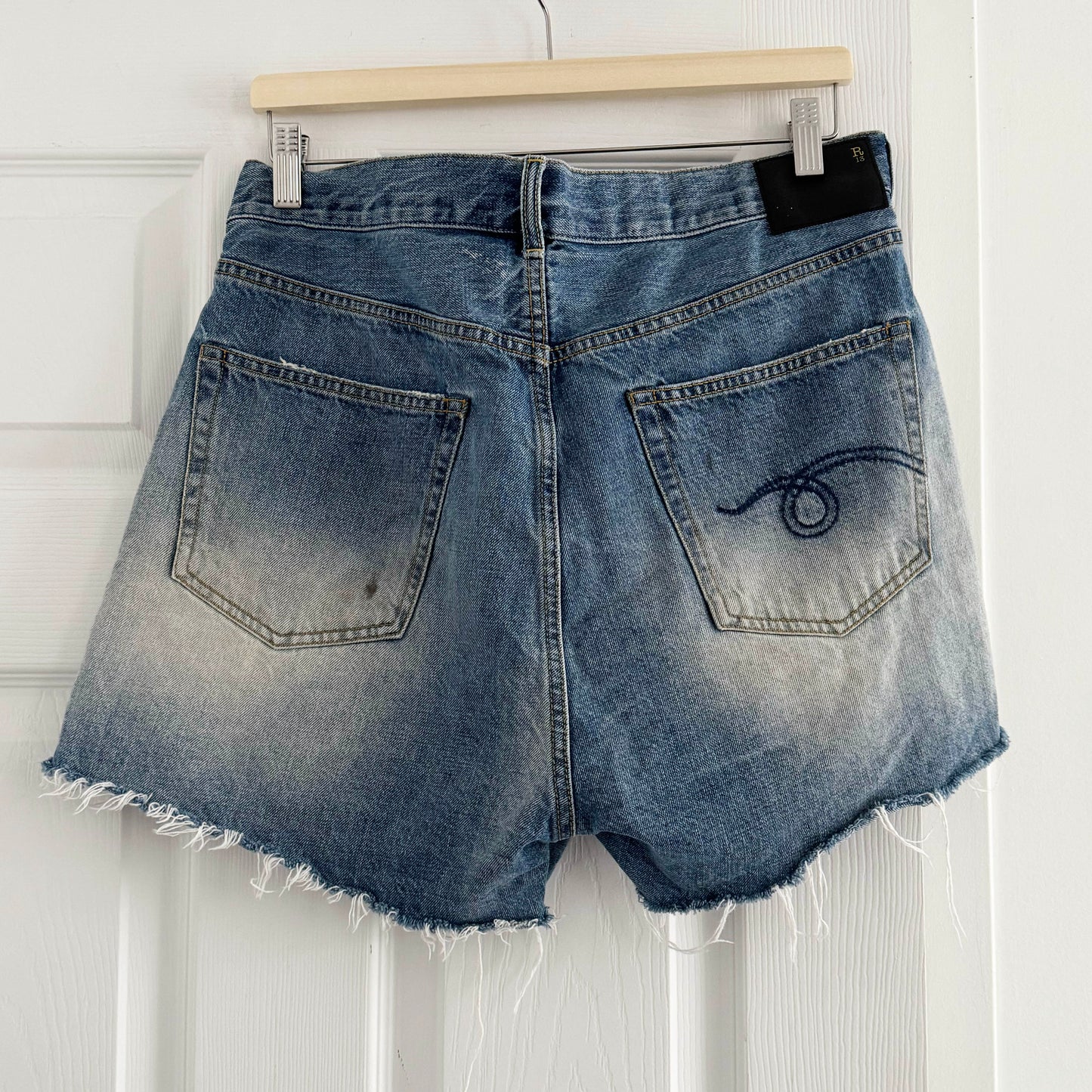 R13 Crossover Asymmetric Distressed Jean Shorts in "Turner Blue", size 29