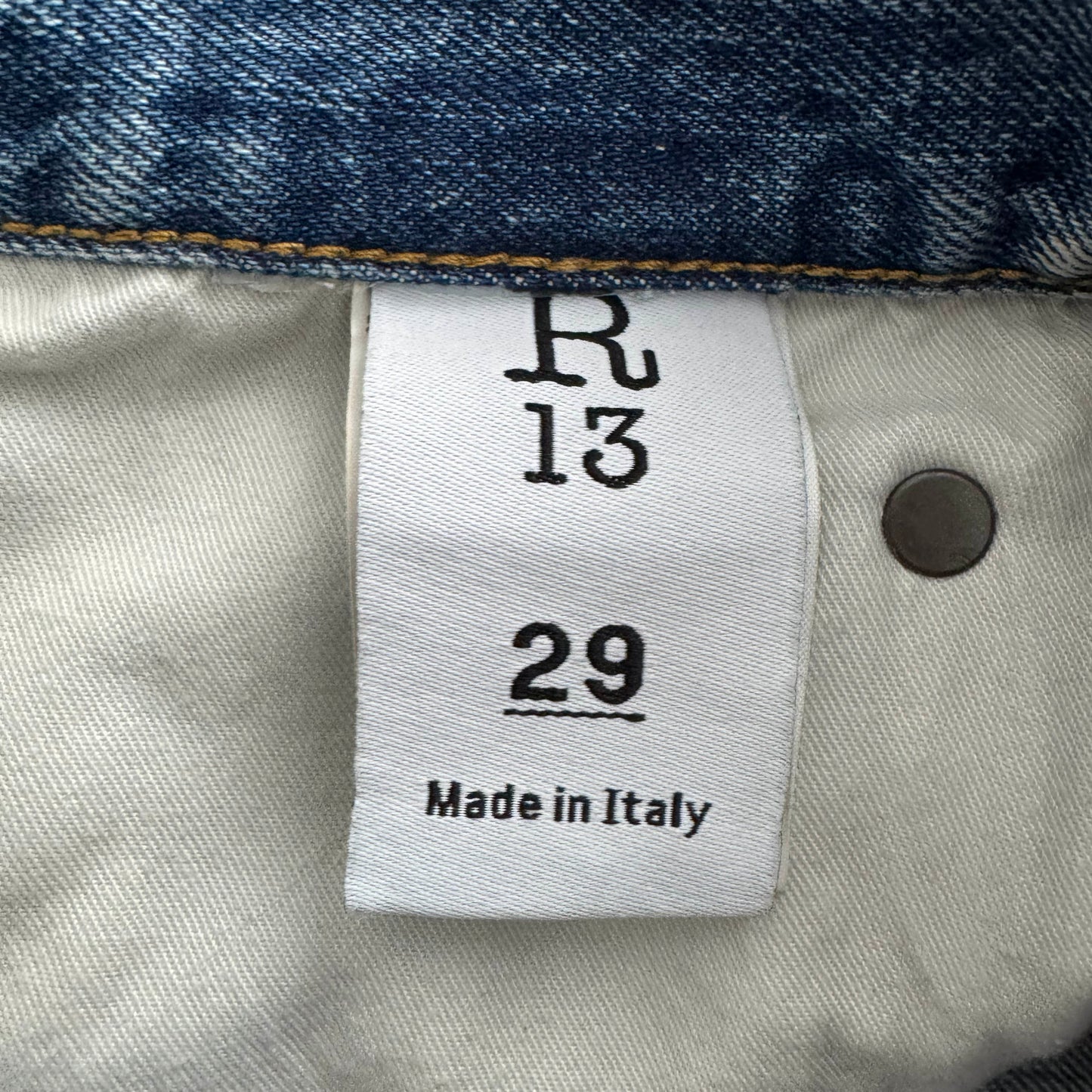 R13 Crossover Asymmetric Distressed Jean Shorts in "Turner Blue", size 29