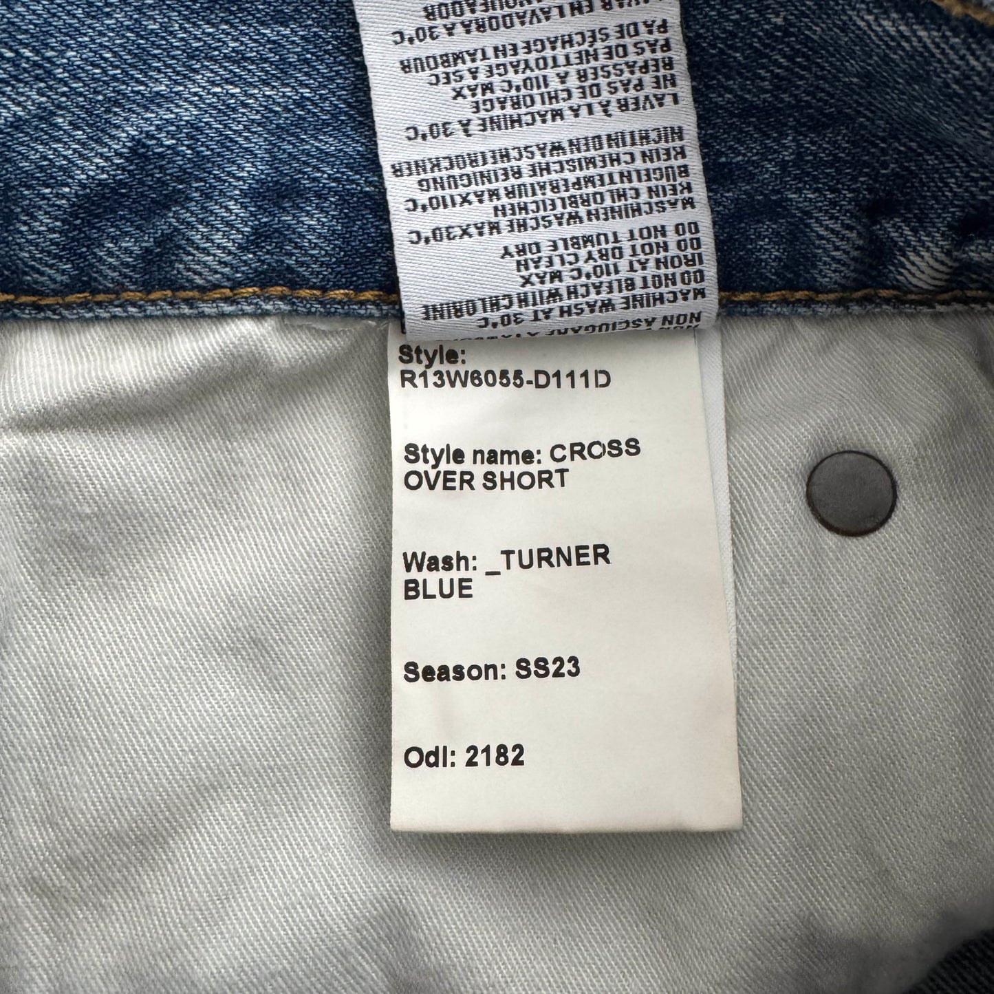 R13 Crossover Asymmetric Distressed Jean Shorts in "Turner Blue", size 29