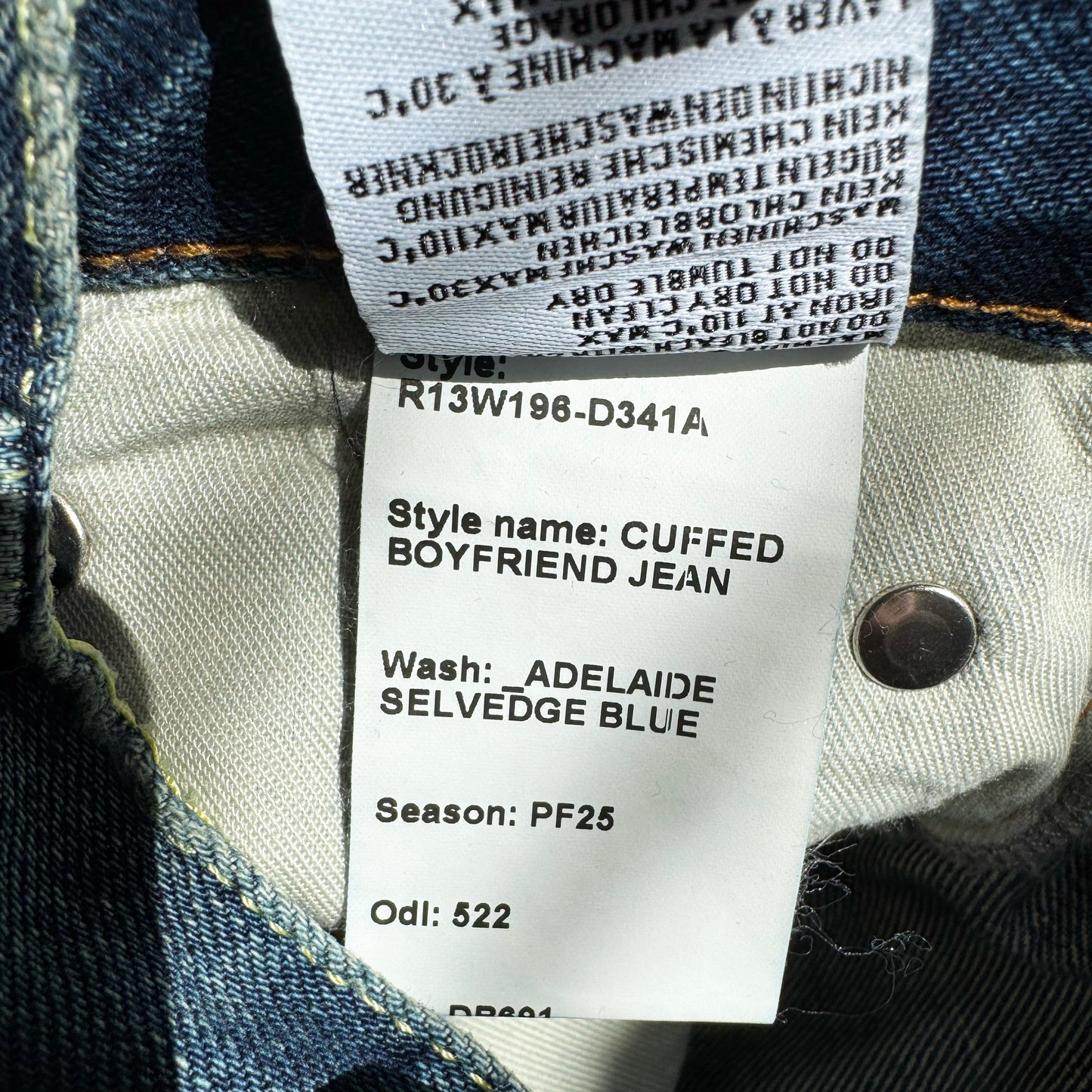 R13 *Limited Edition* Cuffed Boyfriend Jean in Adelaide Selvedge Blue, size 26