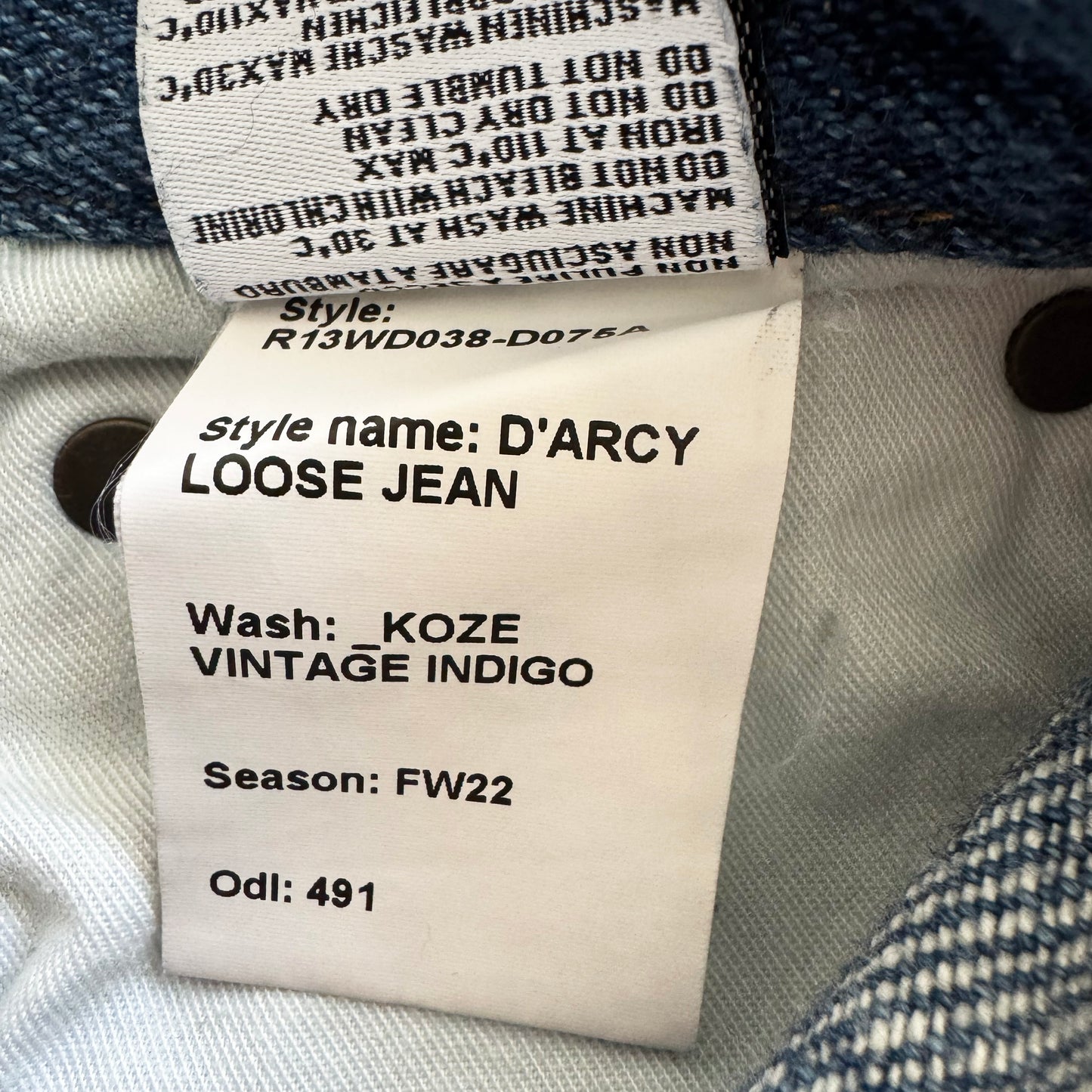 R13 "D'Arcy" Jean in Koze Vintage Indigo, size 24 (Fits loose)