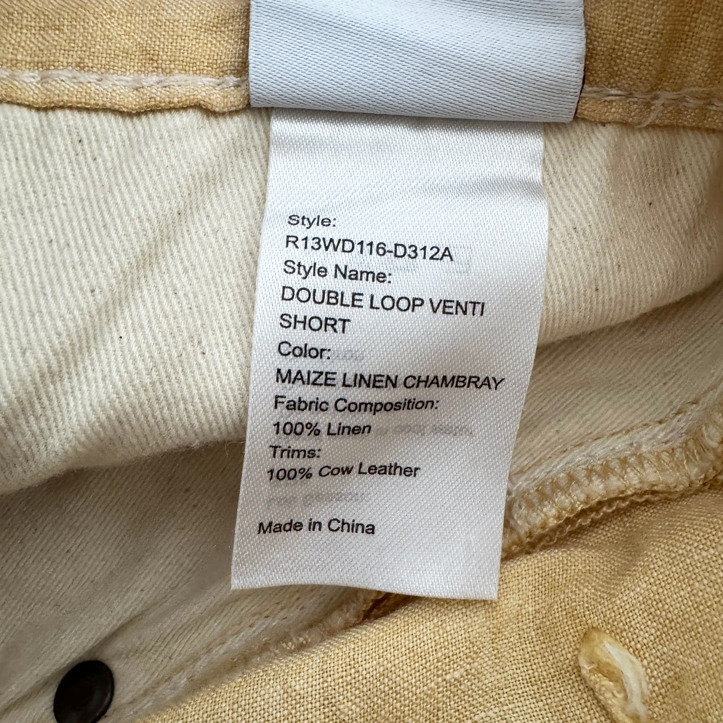 R13 "Double Loop Venti" Short in "Maize linen chambray", size 25 (fits 26 ish)