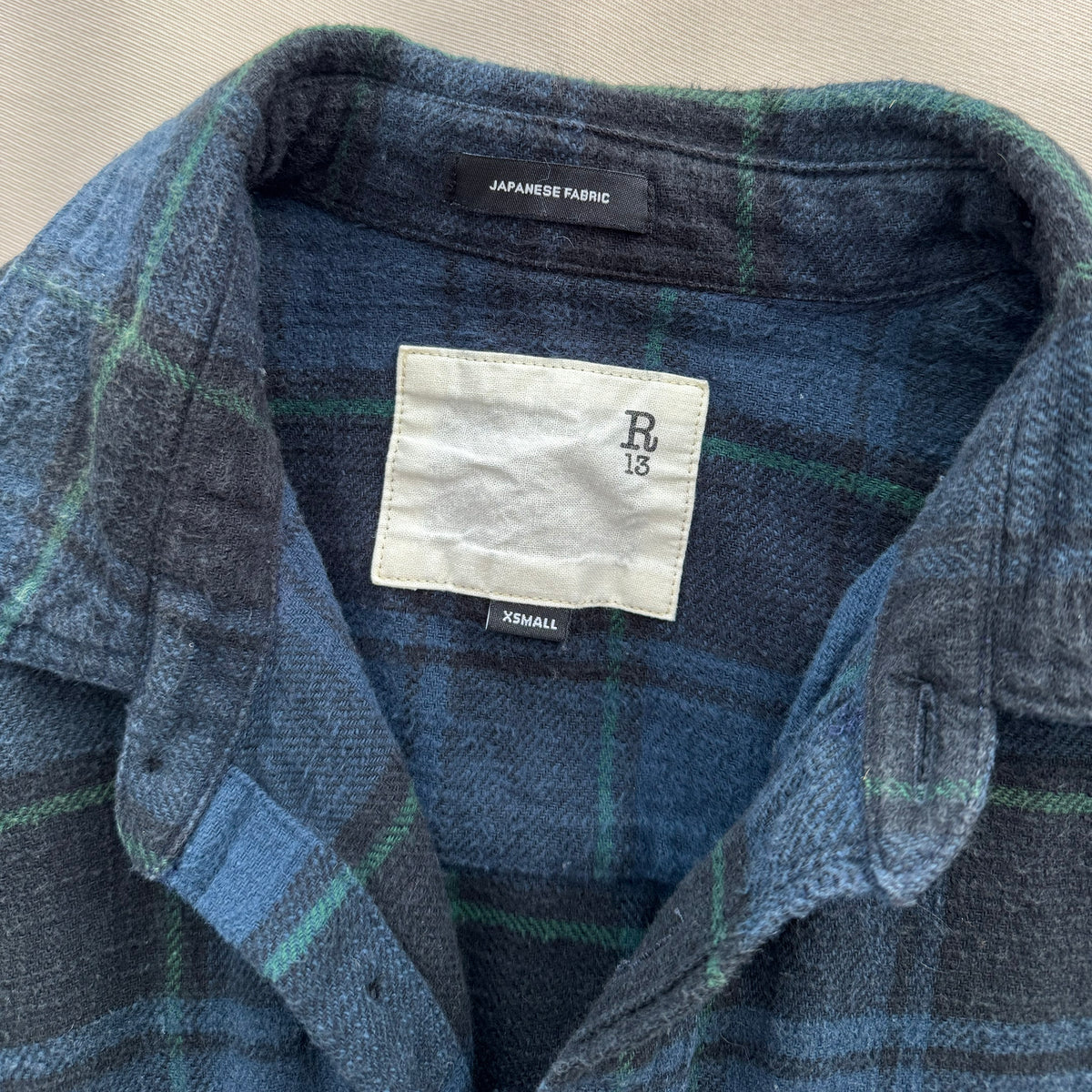 R13 Oversize Plaid Flannel Shirt in Navy, size XS